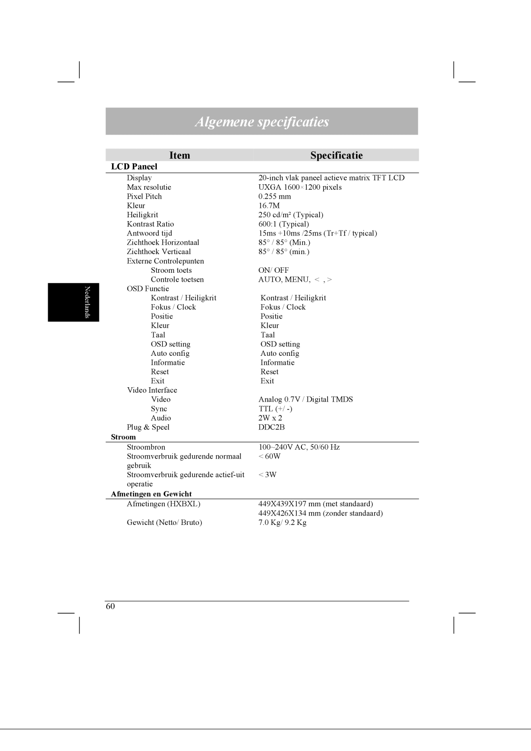 Acer AL2021 manual Algemene specificaties, Specificatie, LCD Paneel 