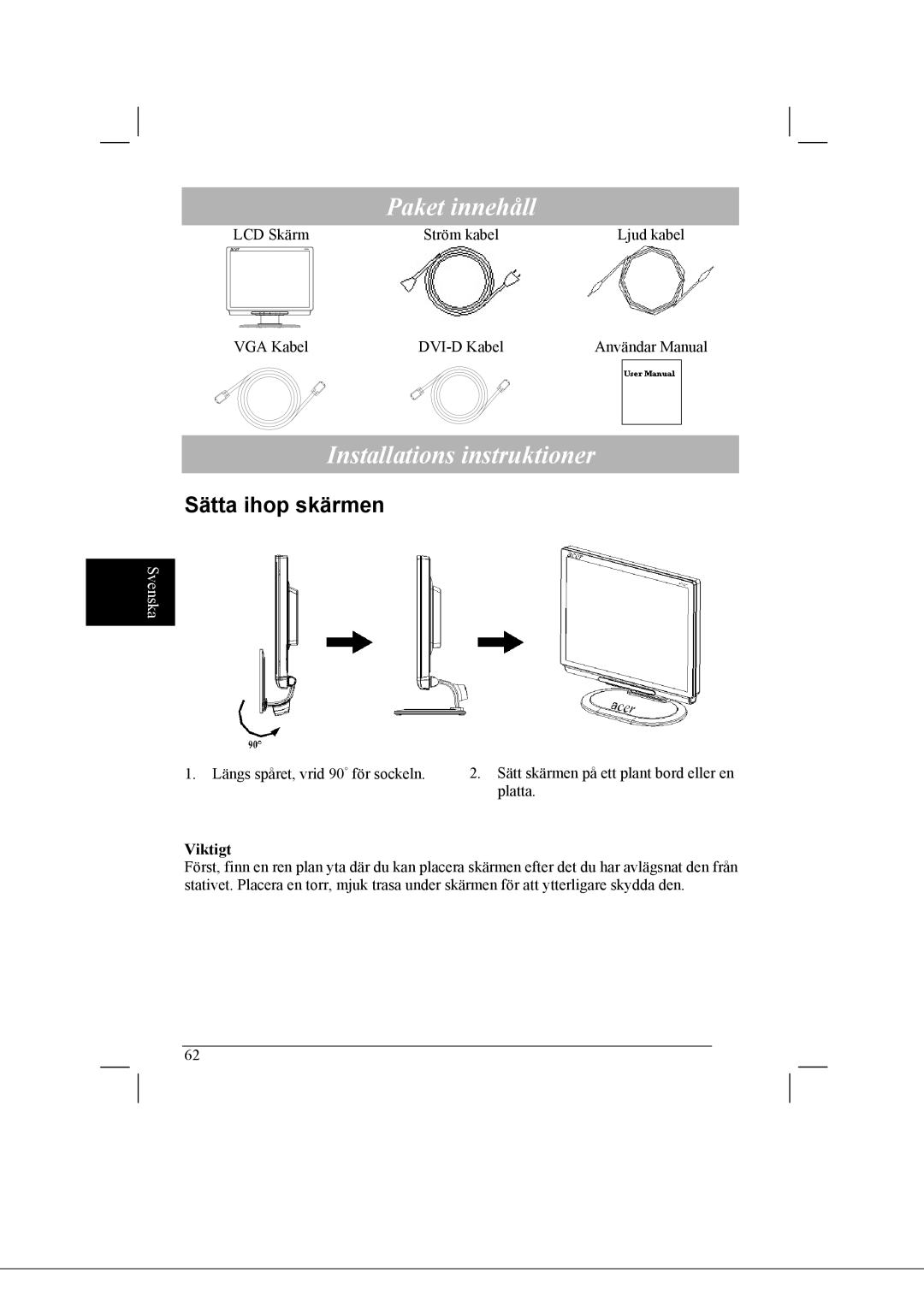 Acer AL2021 manual Paket innehåll, Installations instruktioner, Sätta ihop skärmen, Viktigt 