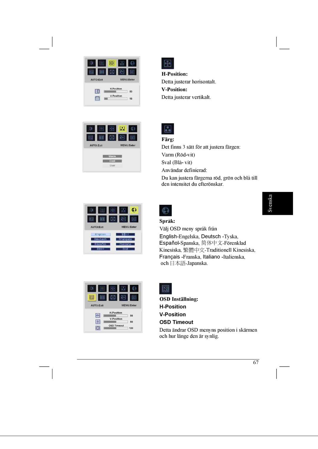 Acer AL2021 manual Färg, Språk, OSD Inställning 