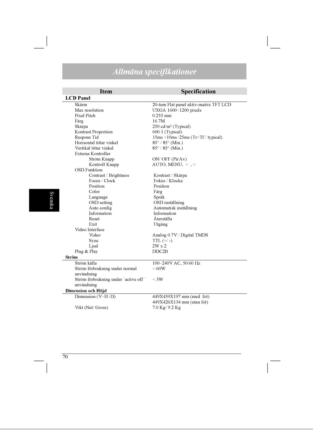 Acer AL2021 manual Allmäna specifikationer, Ström 