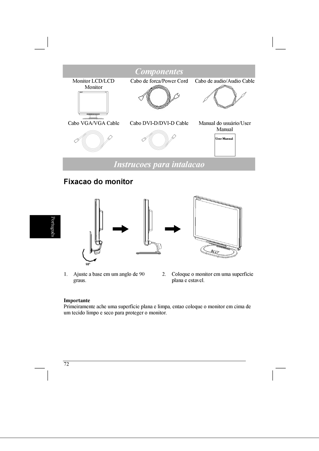 Acer AL2021 manual Componentes, Instrucoes para intalacao, Fixacao do monitor 