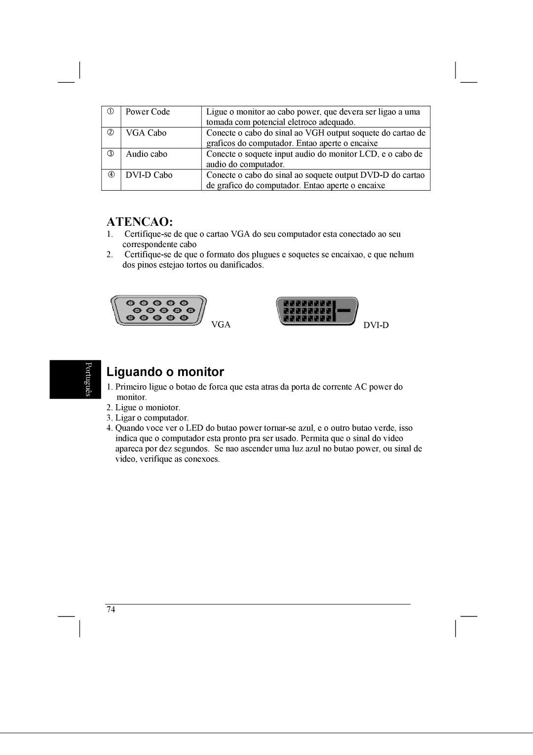 Acer AL2021 manual Atencao, Liguando o monitor 