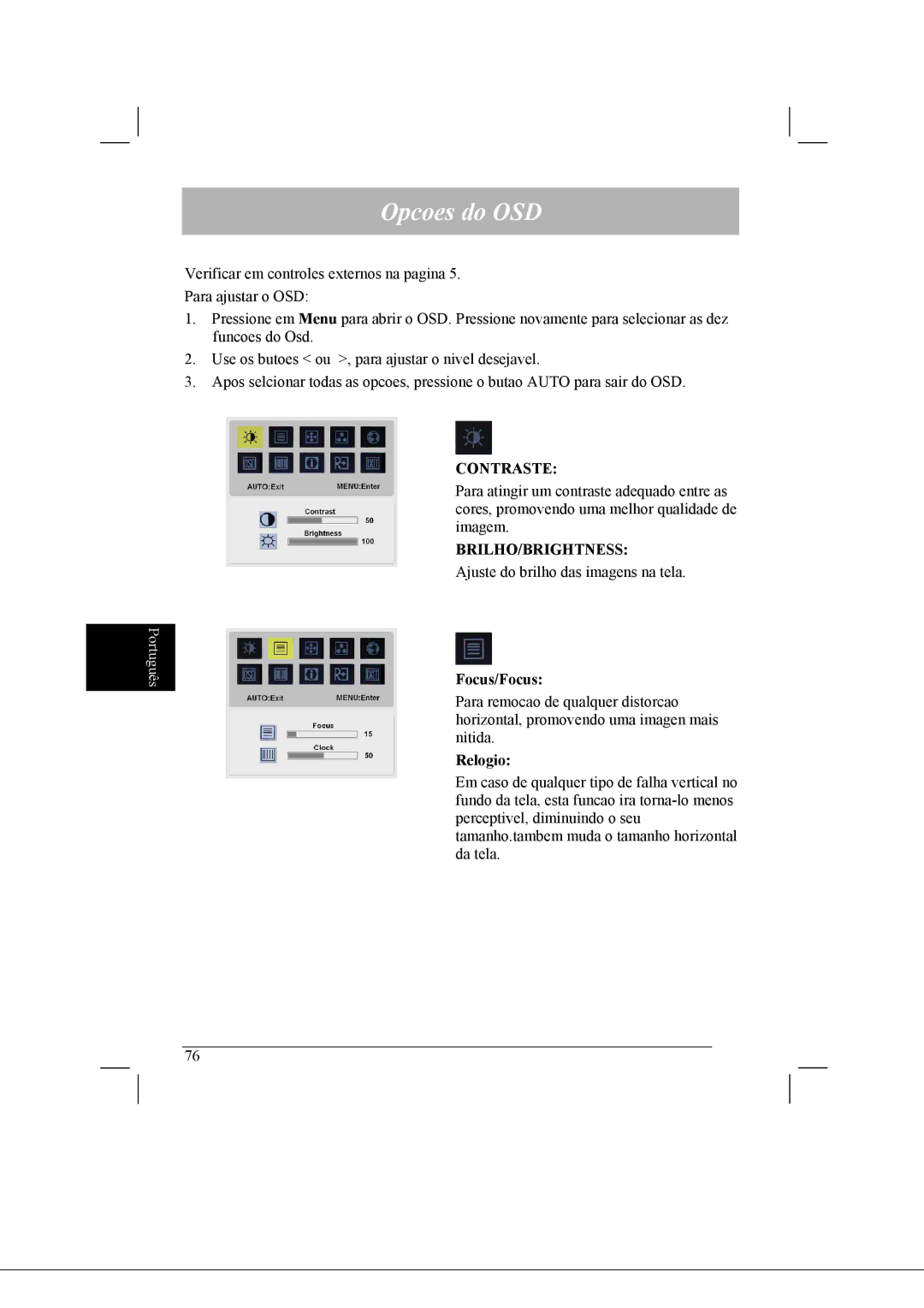 Acer AL2021 manual Opcoes do OSD, Contraste, Brilho/Brightness, Focus/Focus, Relogio 