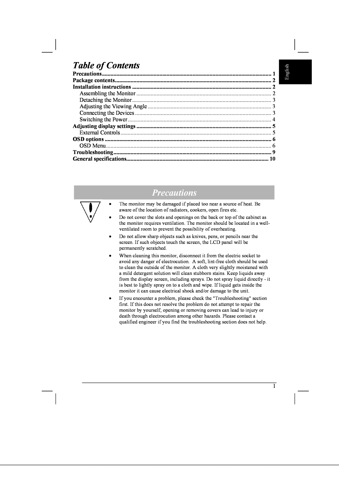 Acer AL2021 manual Table of Contents, Precautions 