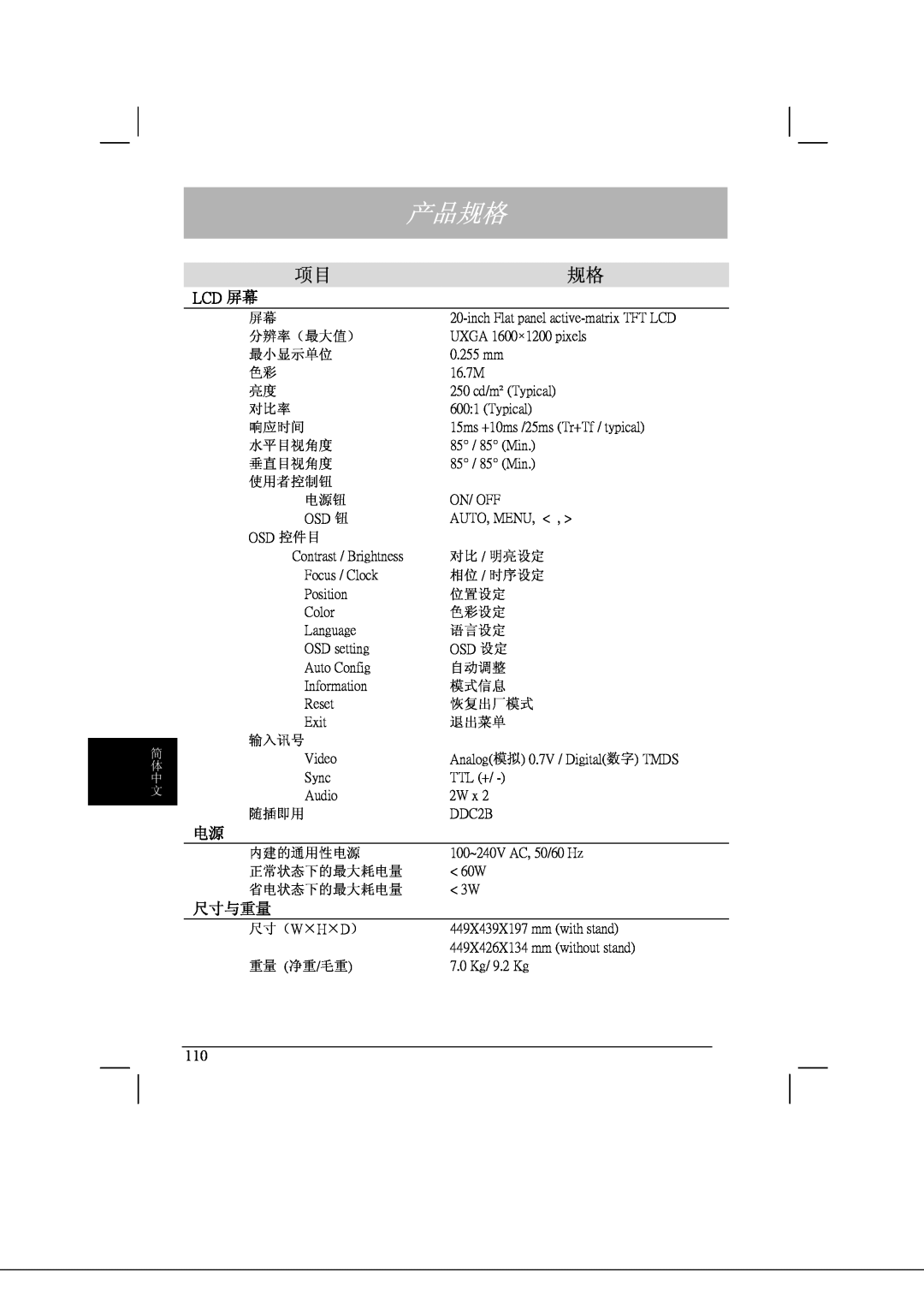 Acer AL2021 manual 产品规格, 项目规格, Lcd 屏幕, 尺寸与重量 