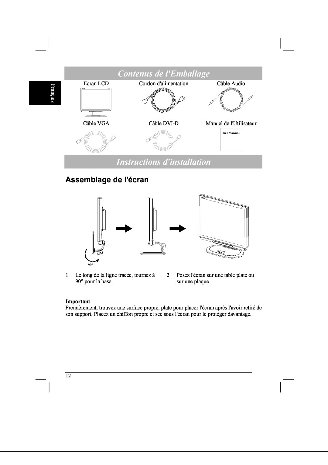 Acer AL2021 manual Contenus de lEmballage, Instructions dinstallation, Assemblage de lécran, Français 