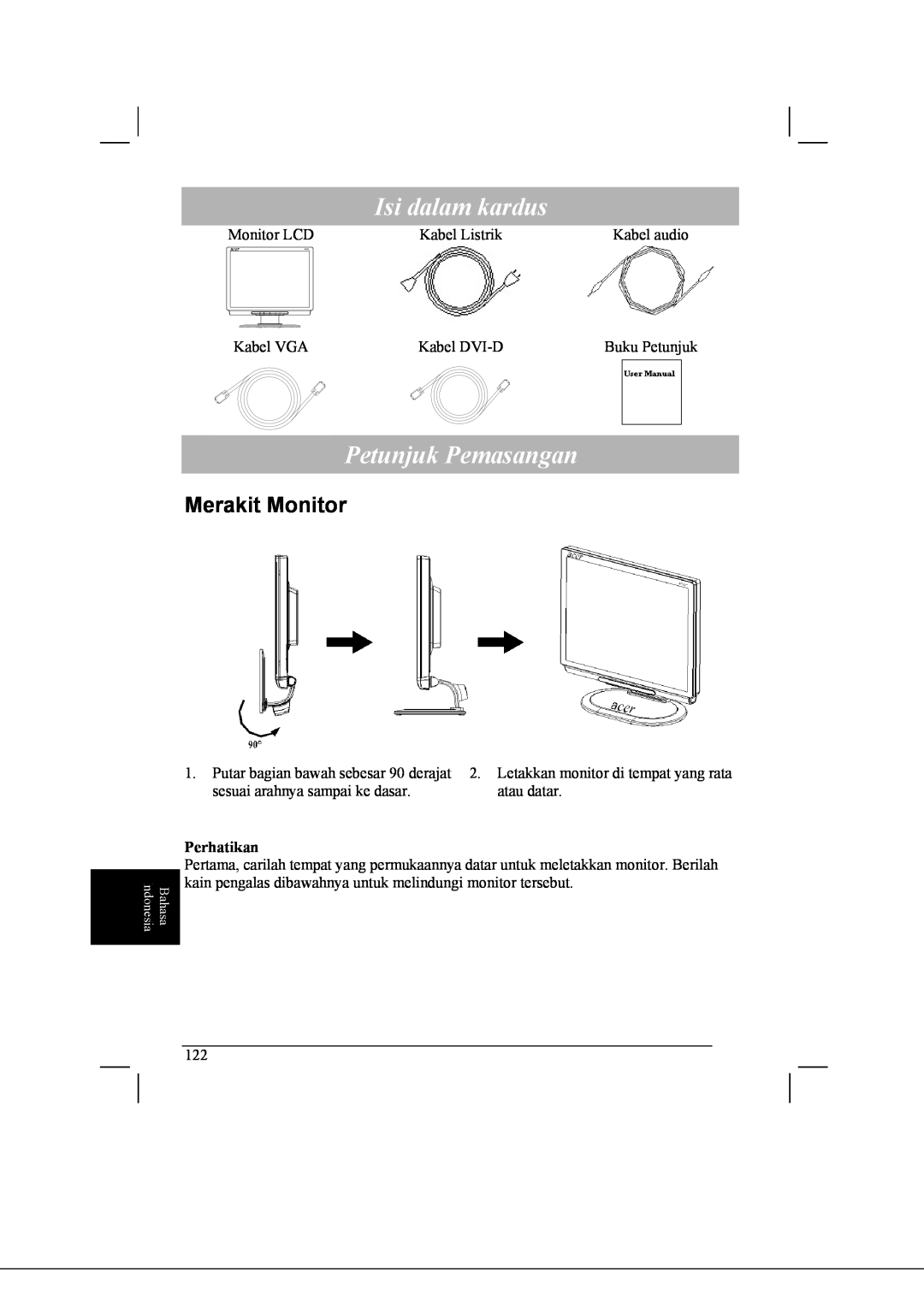 Acer AL2021 manual Isi dalam kardus, Petunjuk Pemasangan, Merakit Monitor 