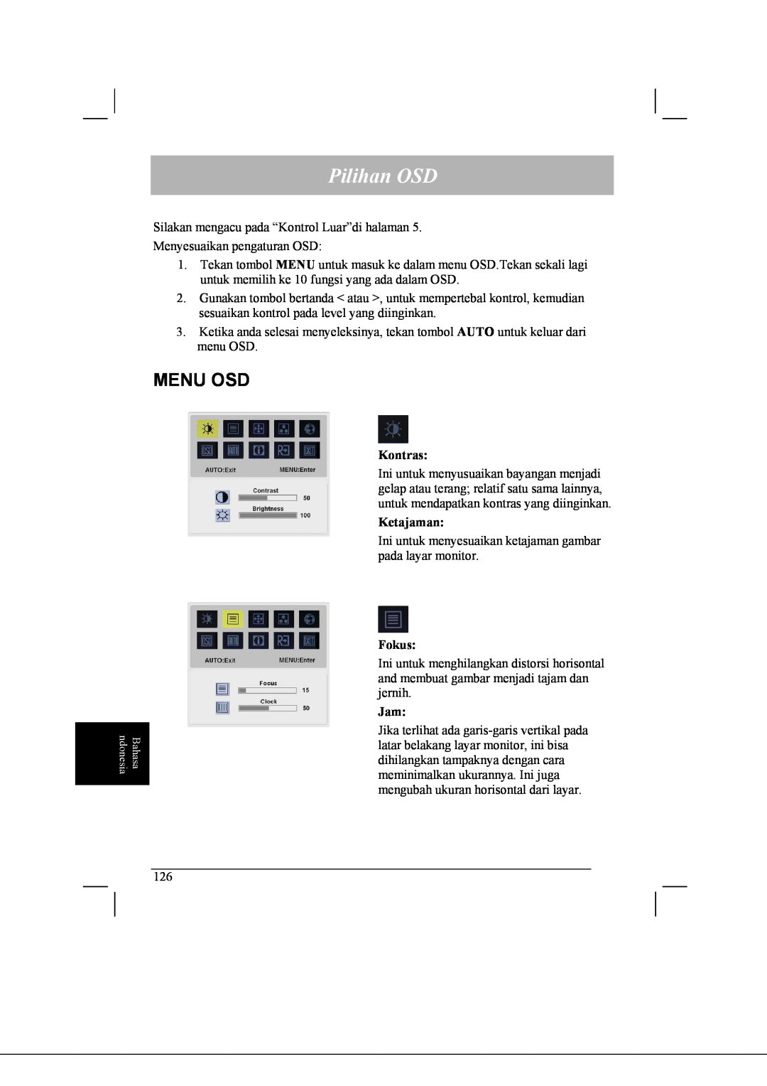 Acer AL2021 manual Pilihan OSD, Menu Osd 