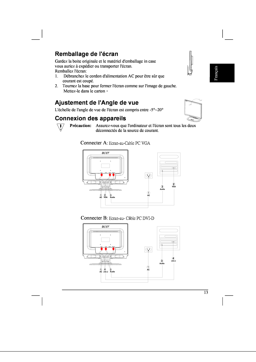 Acer AL2021 manual Remballage de lécran, Ajustement de lAngle de vue, Connexion des appareils, Français 