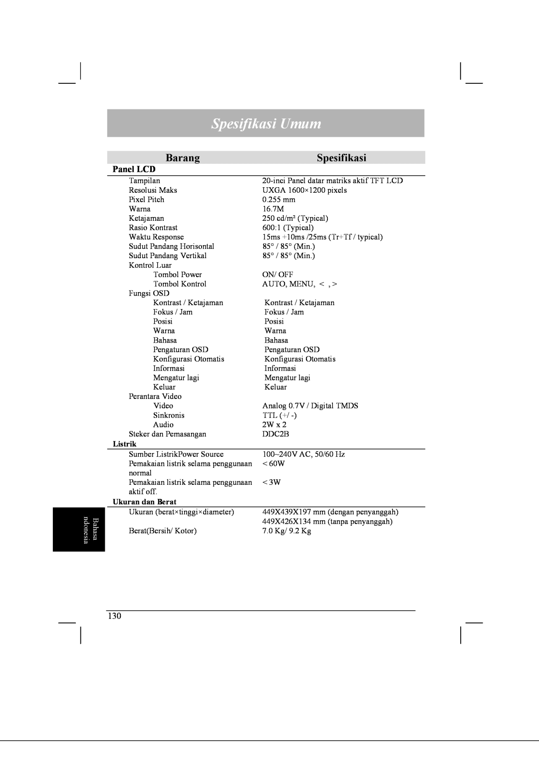 Acer AL2021 manual Spesifikasi Umum, Barang, Listrik, Ukuran dan Berat 