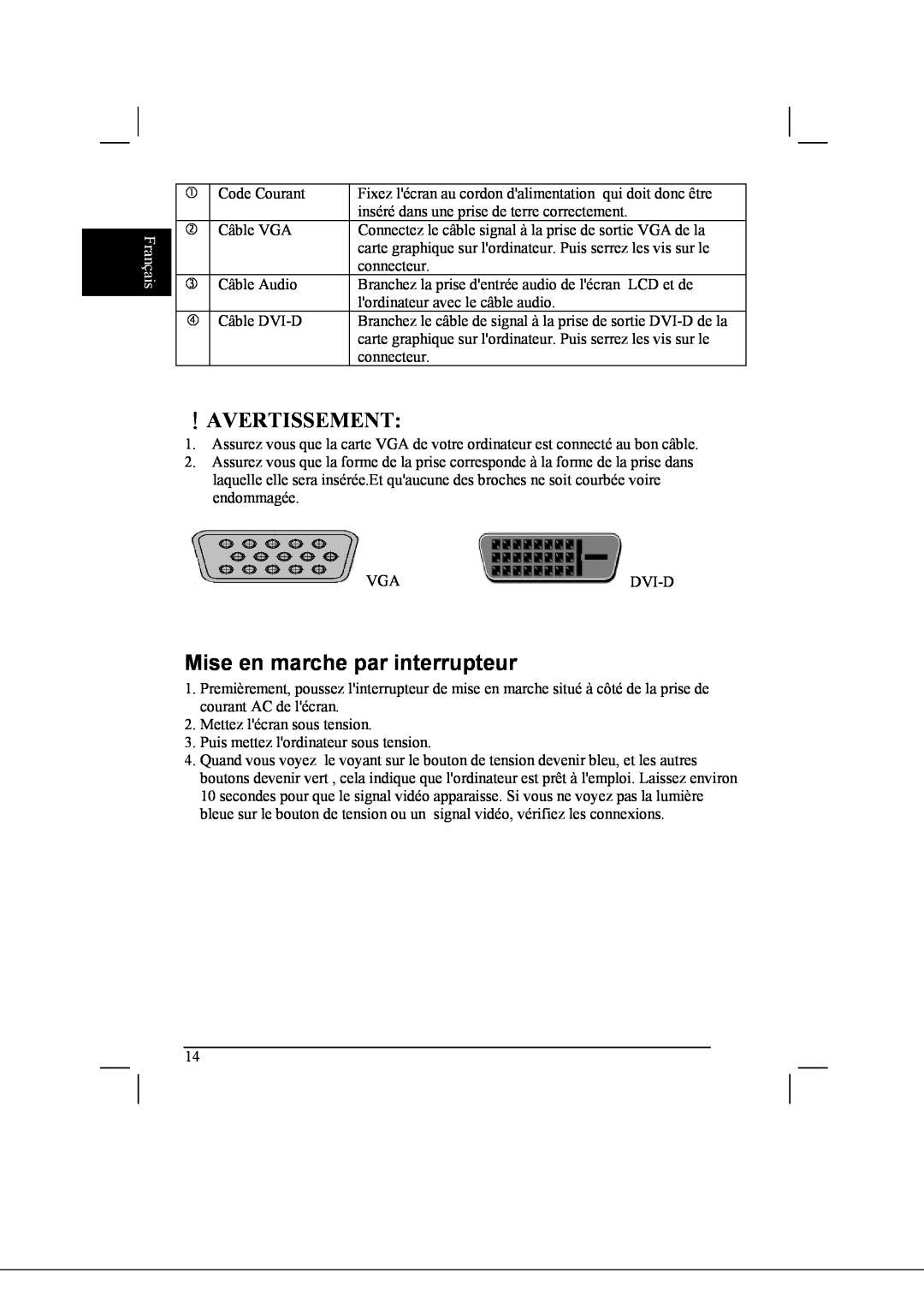 Acer AL2021 manual ！Avertissement, Mise en marche par interrupteur, Français 