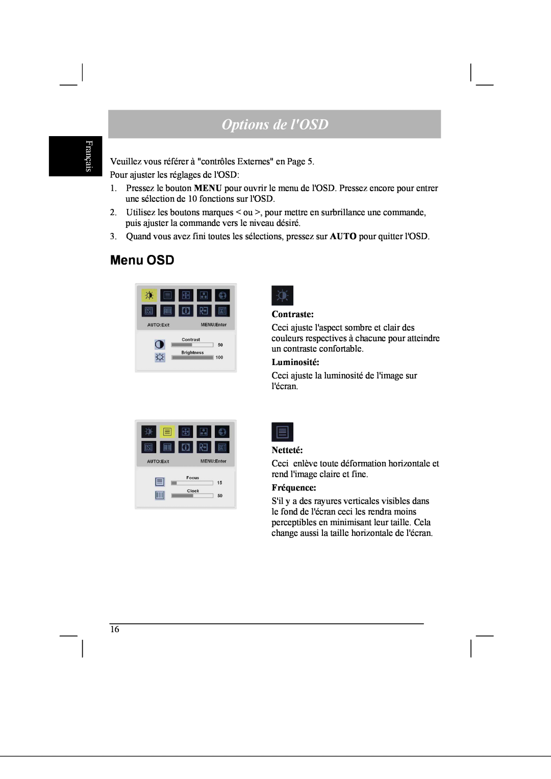 Acer AL2021 manual Options de lOSD, Menu OSD, Français 