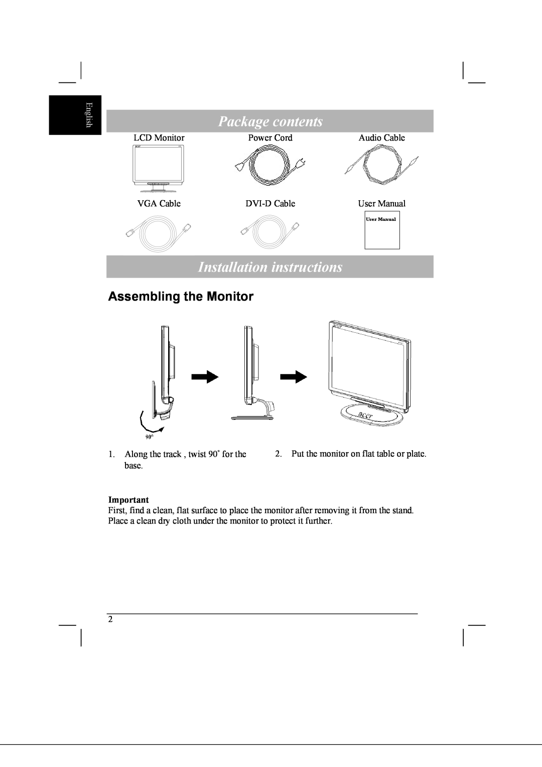 Acer AL2021 manual Package contents, Installation instructions, Assembling the Monitor 