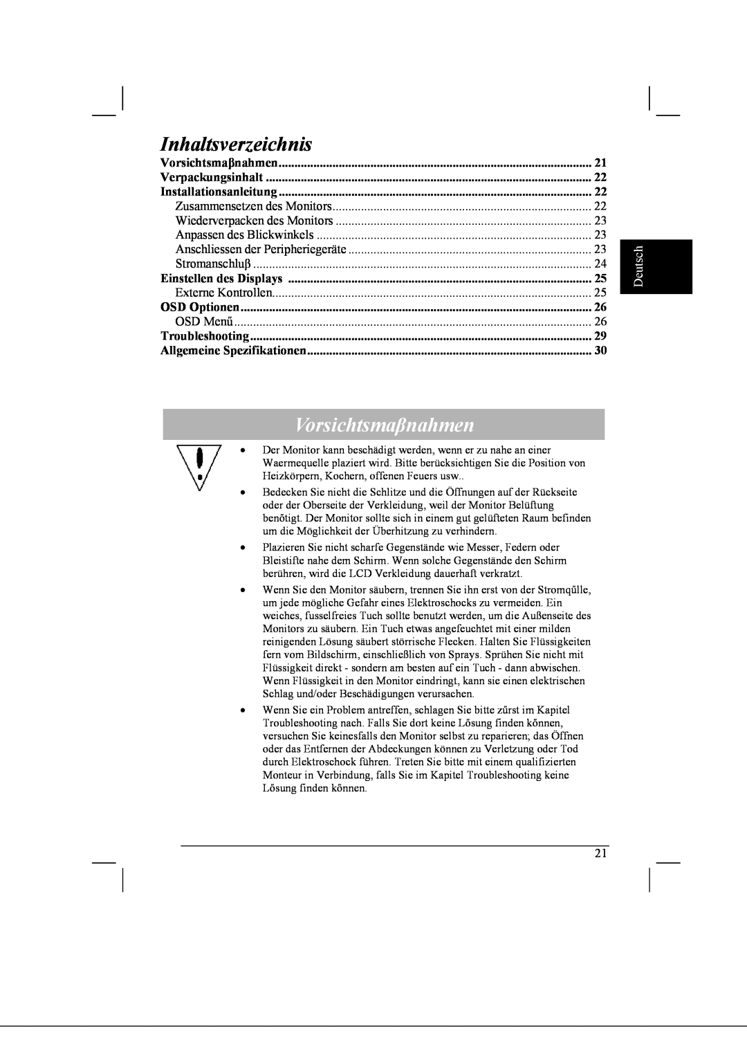 Acer AL2021 manual Inhaltsverzeichnis, Vorsichtsmaβnahmen, Deutsch 
