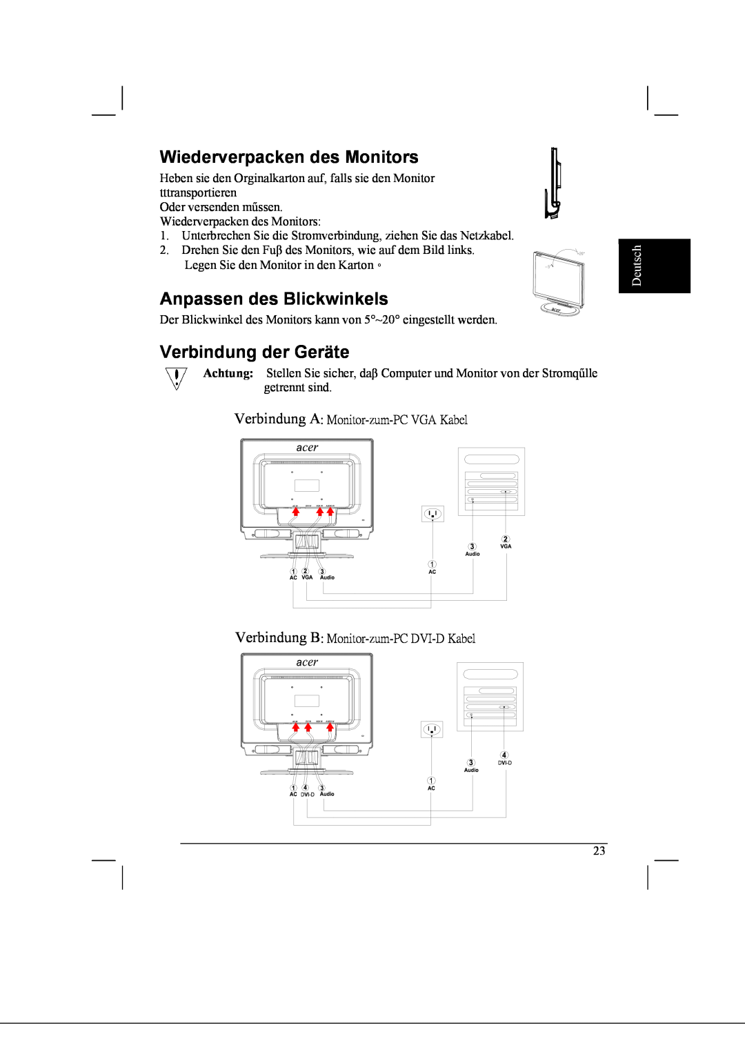 Acer AL2021 manual Wiederverpacken des Monitors, Anpassen des Blickwinkels, Verbindung der Geräte, Deutsch 