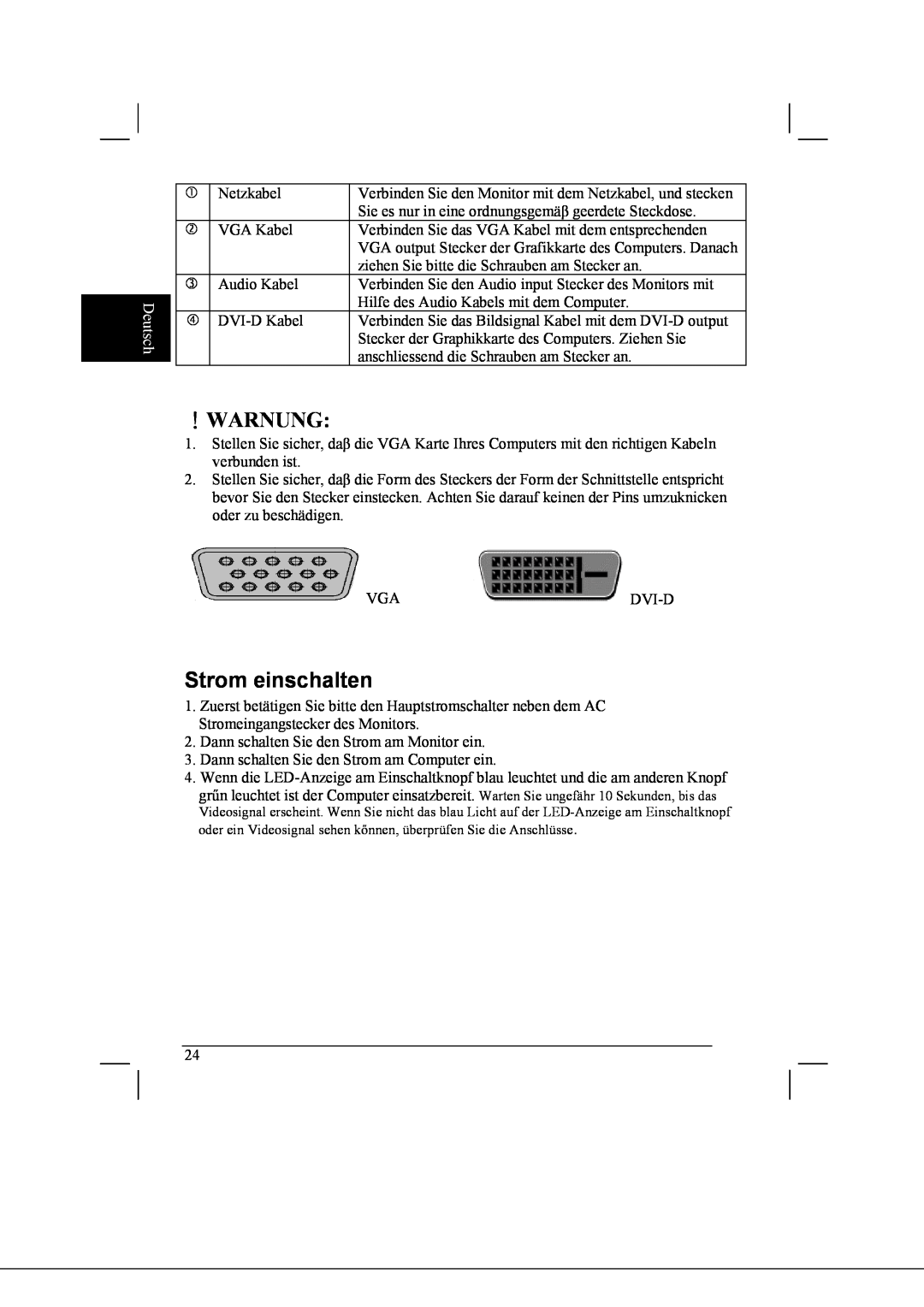 Acer AL2021 manual ！Warnung, Strom einschalten, Deutsch 