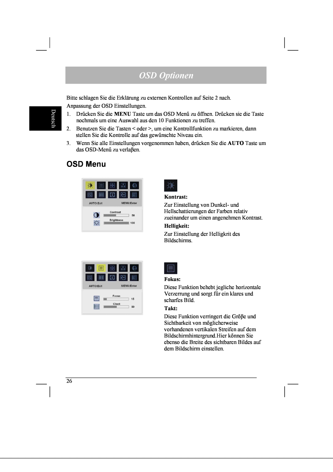 Acer AL2021 manual OSD Optionen, OSD Menu, Deutsch, Kontrast, Helligkeit, Fokus, Takt 