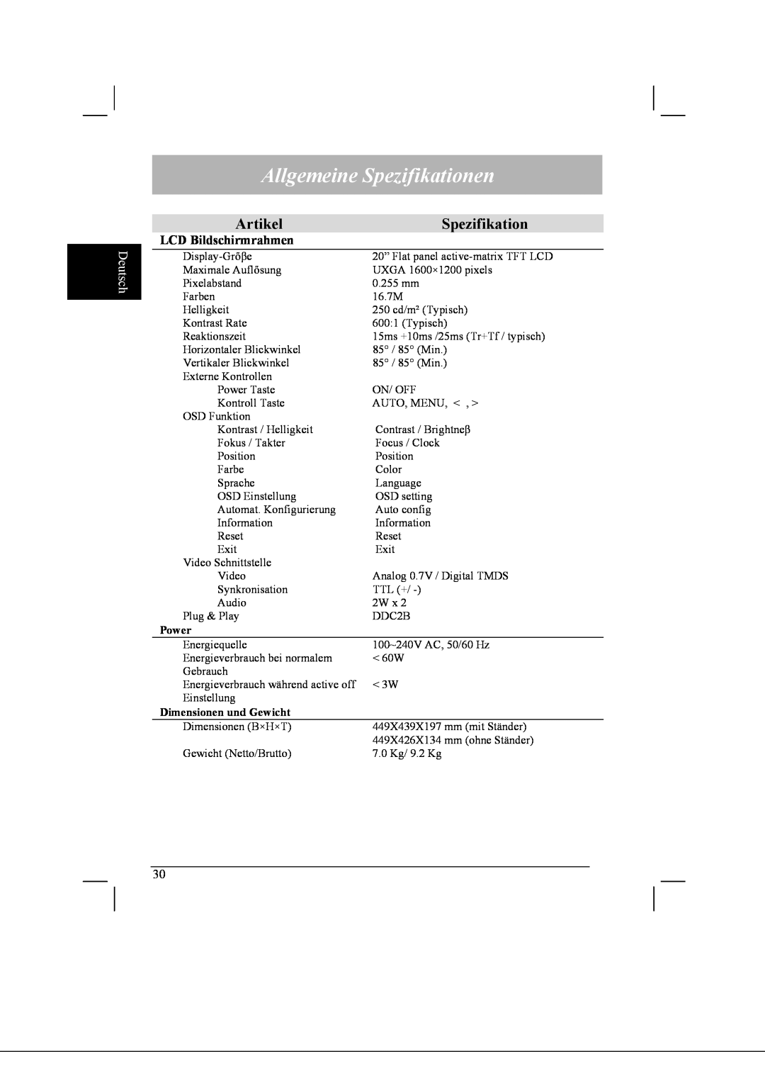 Acer AL2021 manual Allgemeine Spezifikationen, Artikel, Deutsch, Power, Dimensionen und Gewicht 