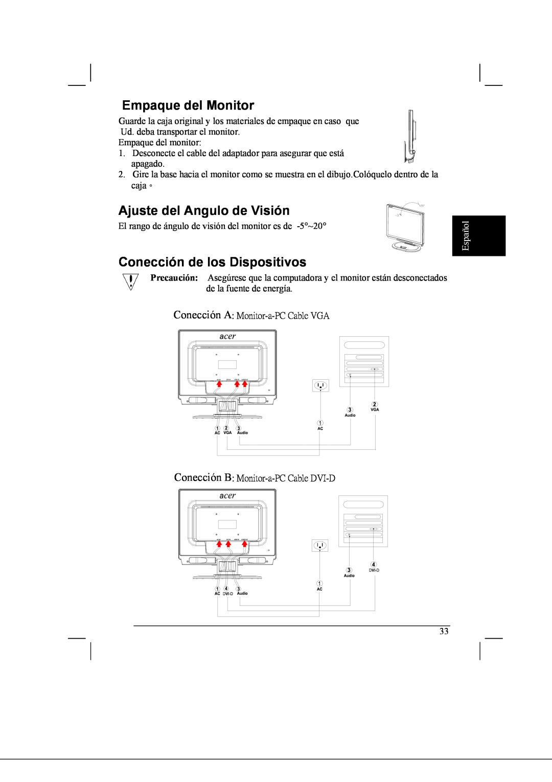 Acer AL2021 manual Empaque del Monitor, Ajuste del Angulo de Visión, Conección de los Dispositivos, Español 