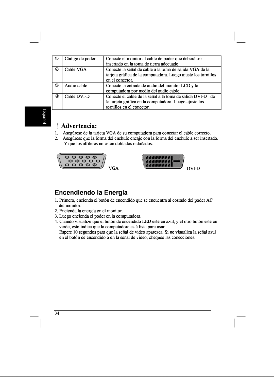 Acer AL2021 manual ！Advertencia, Encendiendo la Energía, Español 
