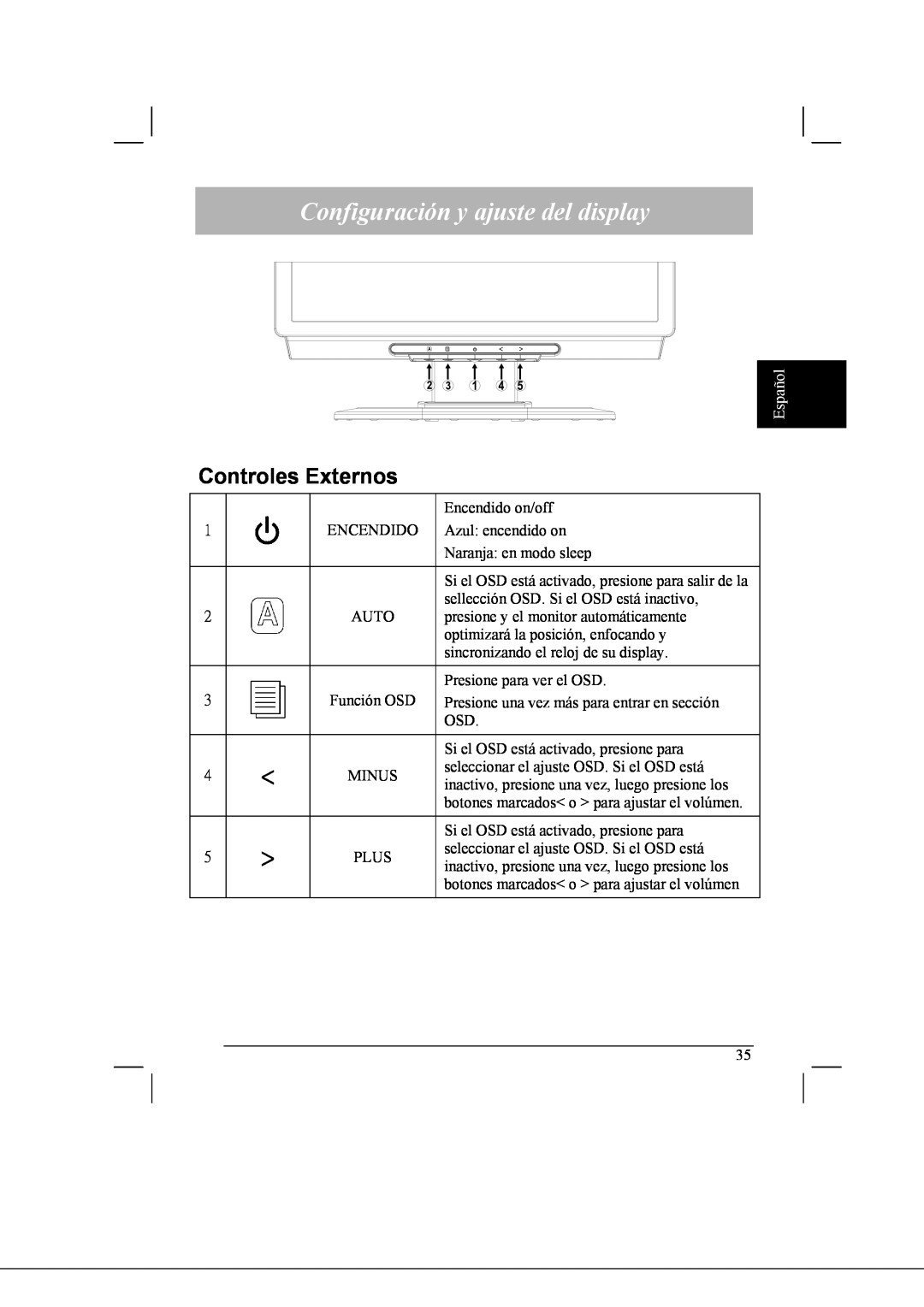Acer AL2021 manual Configuración y ajuste del display, Controles Externos, Español 