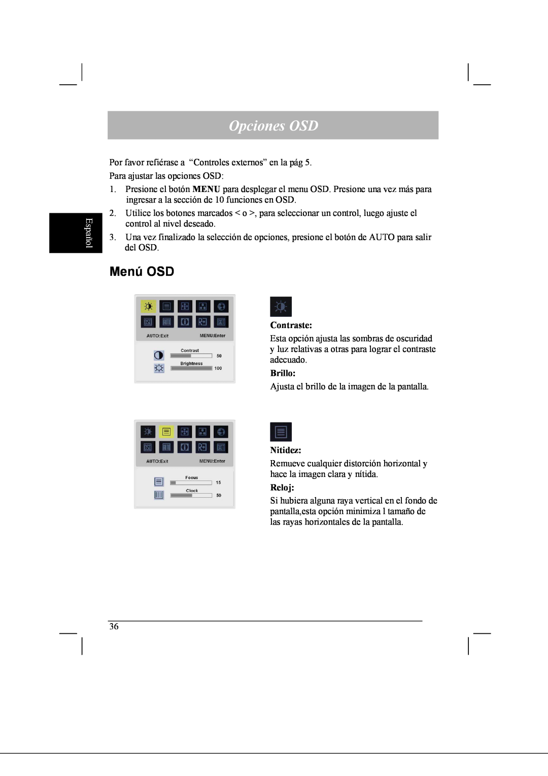Acer AL2021 manual Opciones OSD, Menú OSD, Español 