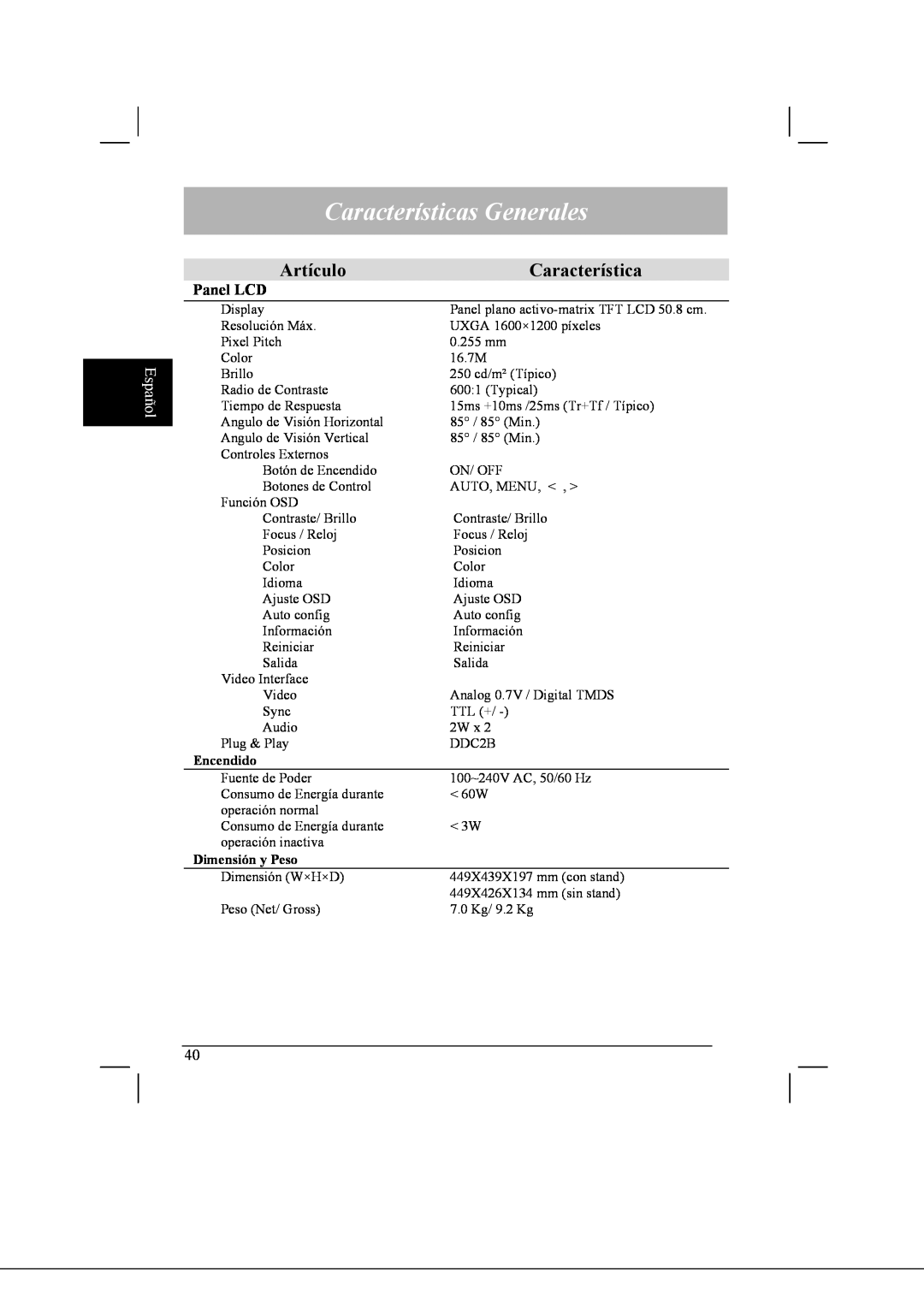 Acer AL2021 manual Características Generales, Artículo, Español, Encendido, Dimensión y Peso 