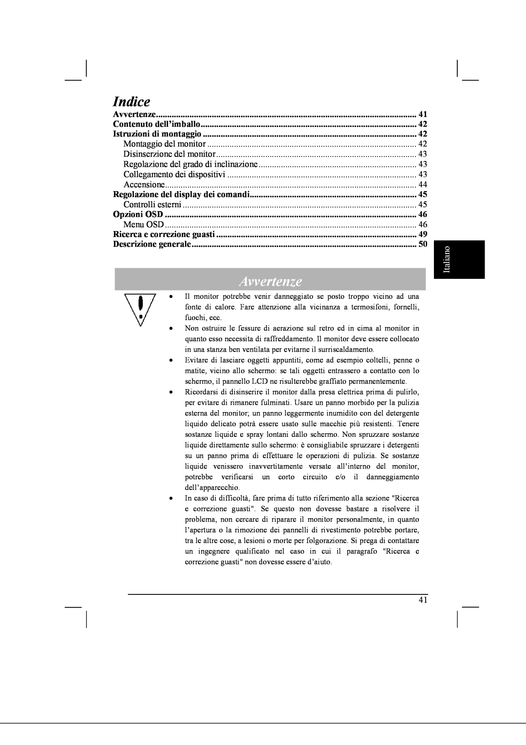 Acer AL2021 manual Indice, Avvertenze, Italiano 