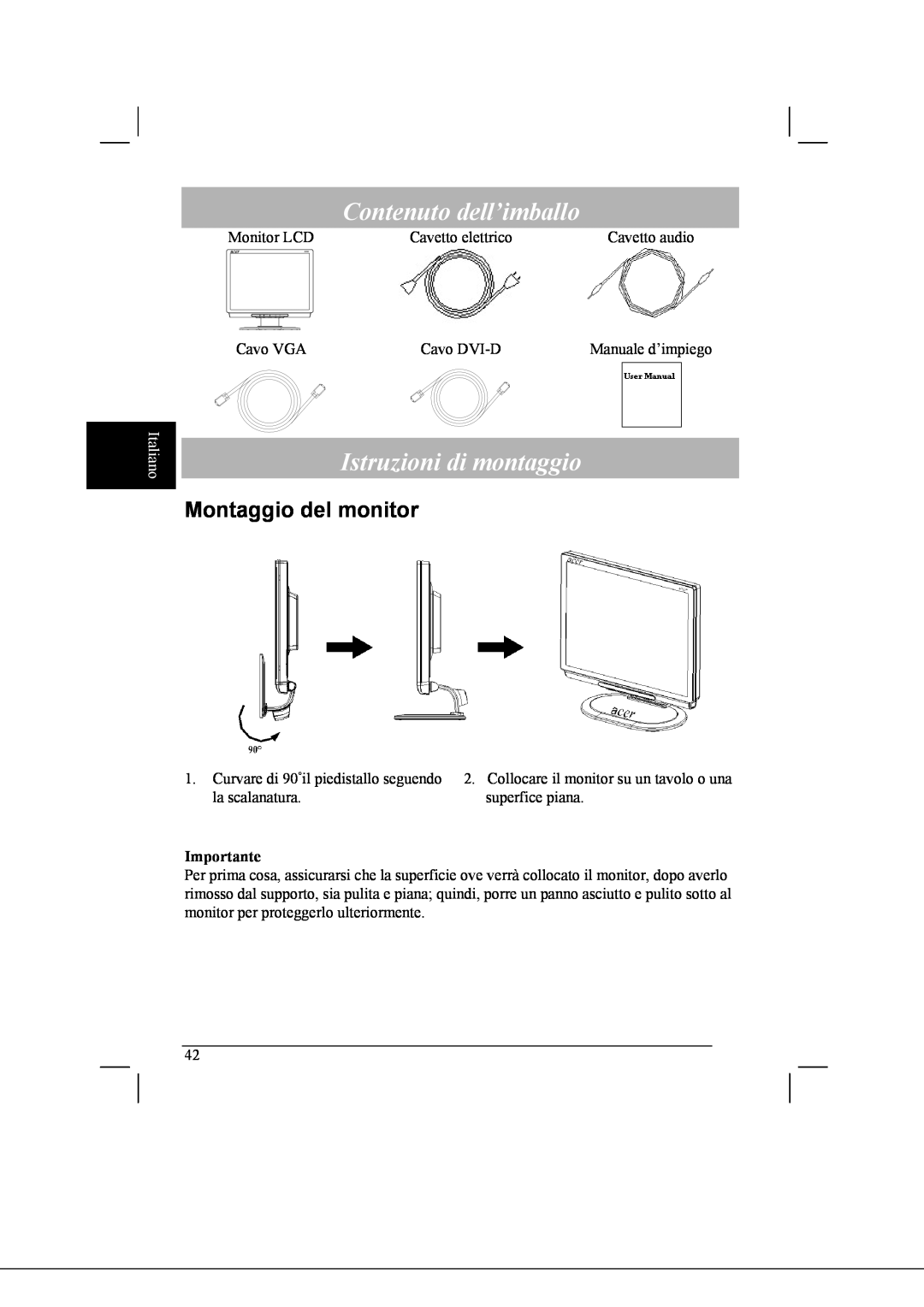 Acer AL2021 manual Contenuto dell’imballo, Istruzioni di montaggio, Montaggio del monitor, Italiano 