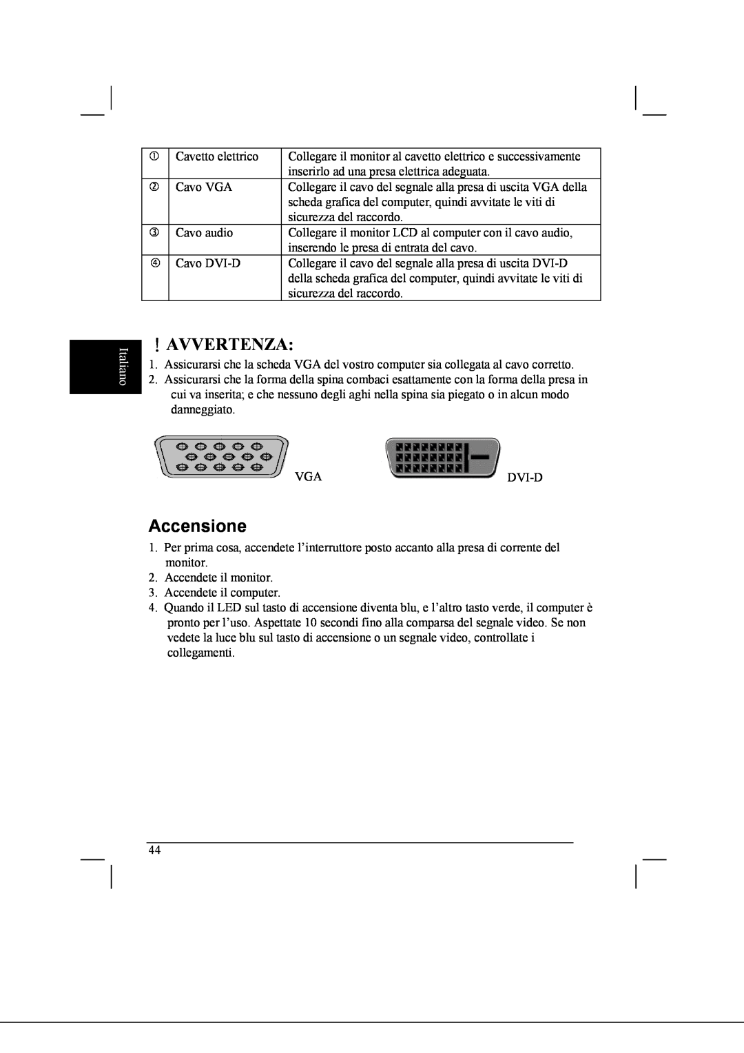 Acer AL2021 manual ！Avvertenza, Accensione, Italiano 