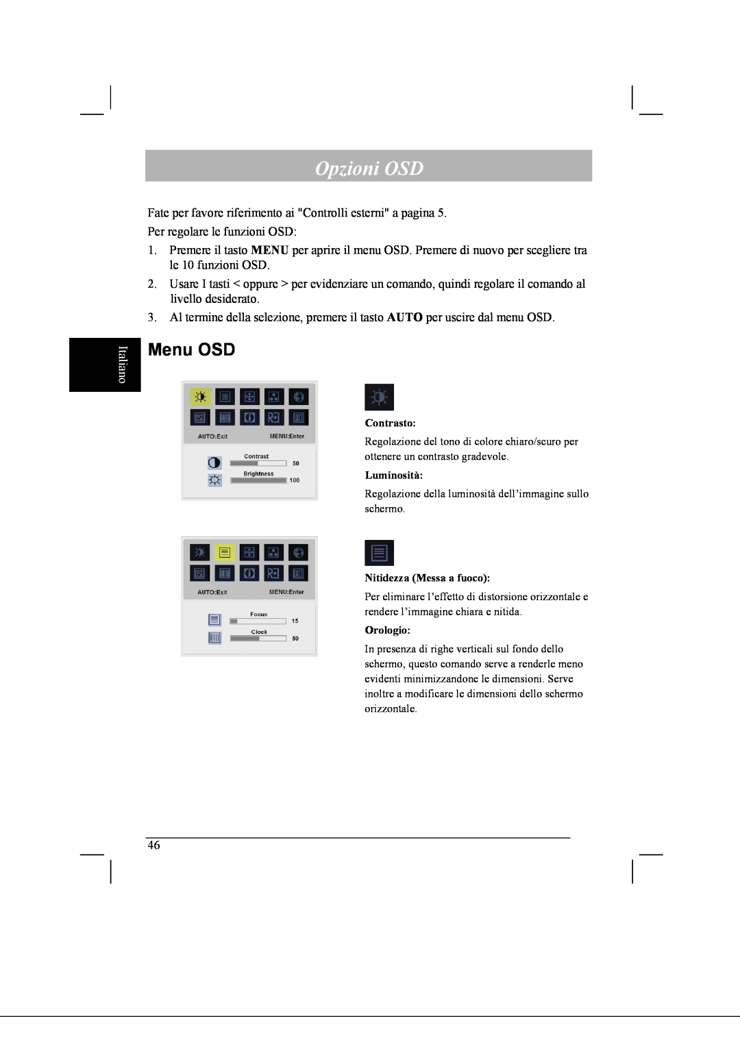 Acer AL2021 manual Opzioni OSD, Menu OSD, Italiano 