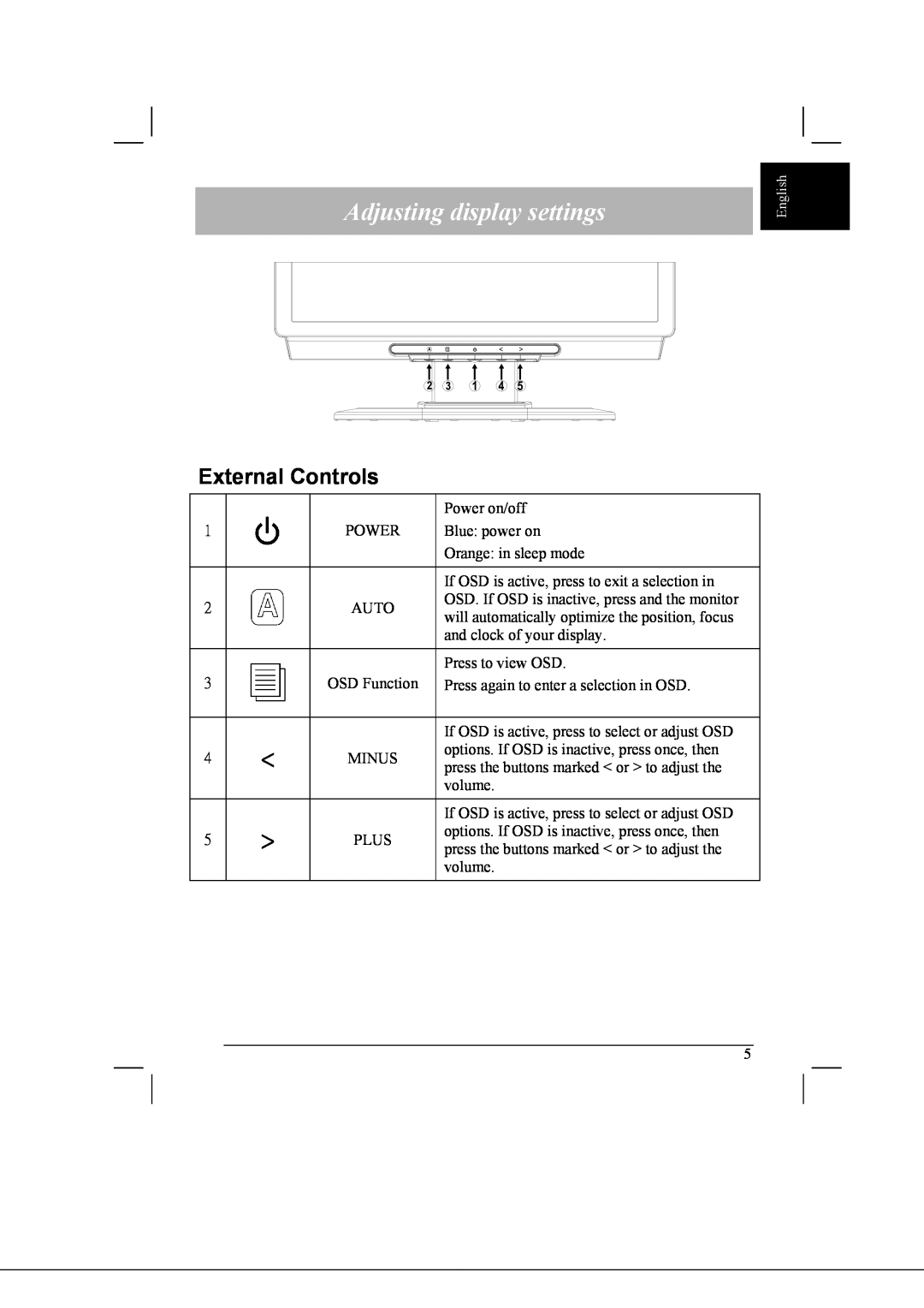 Acer AL2021 manual Adjusting display settings, External Controls 
