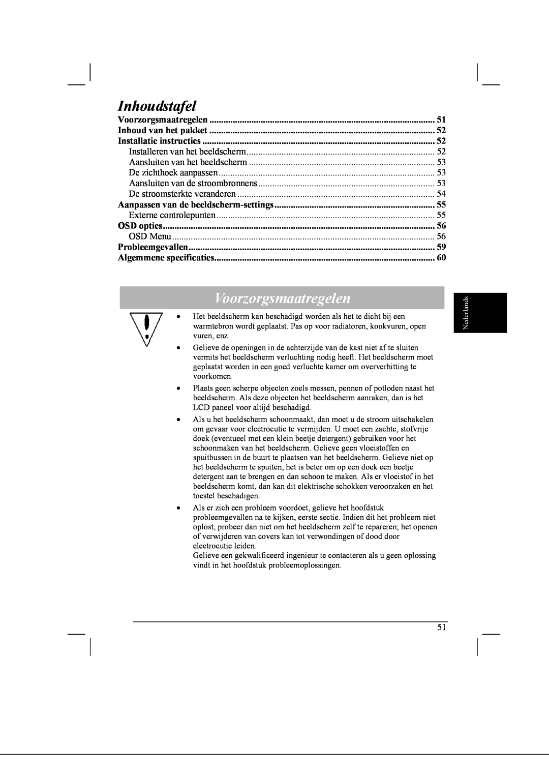 Acer AL2021 manual Inhoudstafel, Voorzorgsmaatregelen 