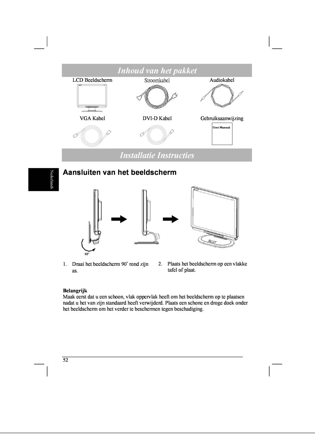 Acer AL2021 manual Inhoud van het pakket, Installatie Instructies, Aansluiten van het beeldscherm 