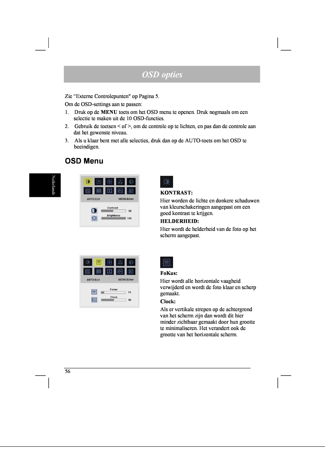 Acer AL2021 manual OSD opties, OSD Menu 