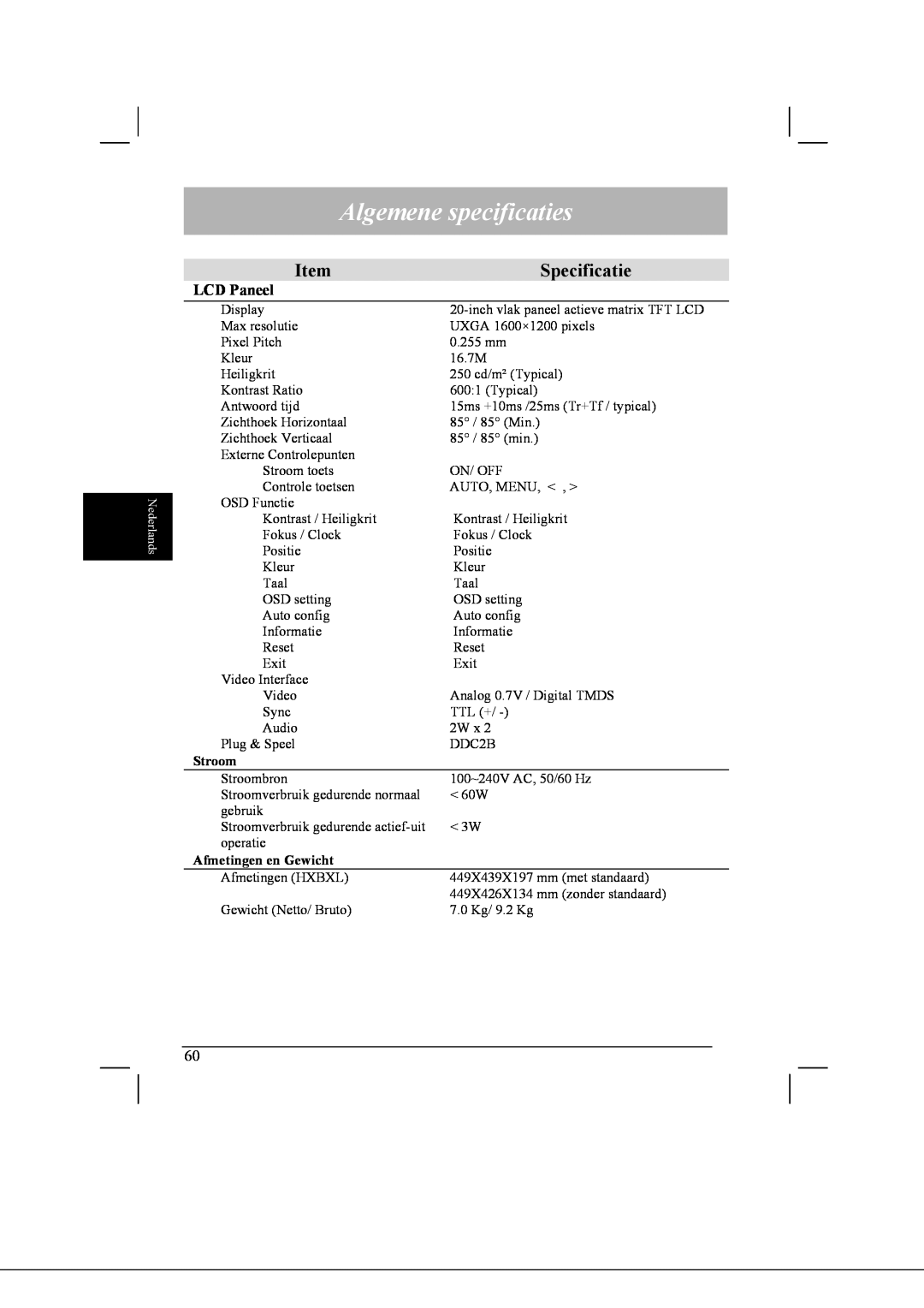 Acer AL2021 manual Algemene specificaties, Specificatie, Stroom, Afmetingen en Gewicht 