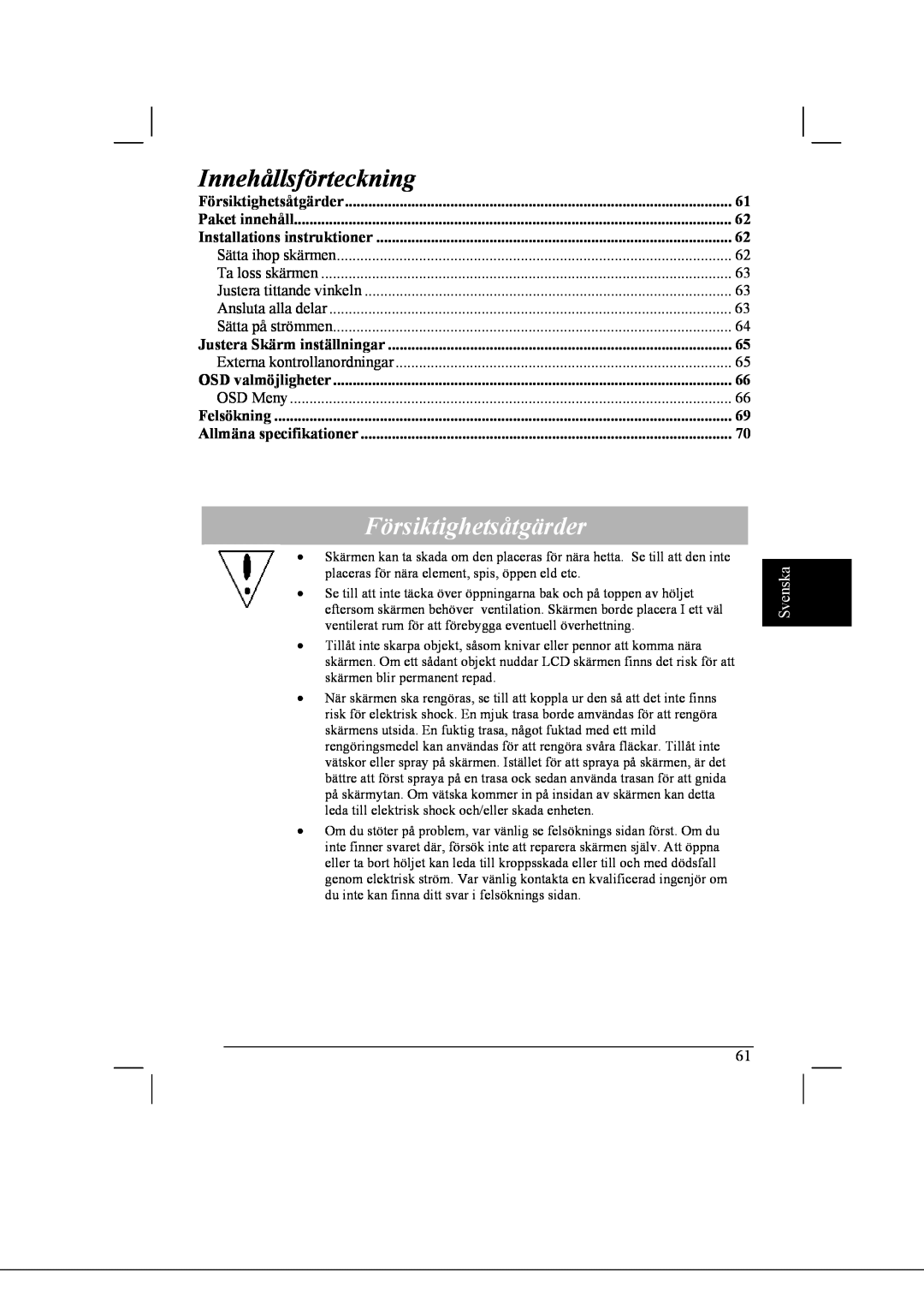 Acer AL2021 manual Innehållsförteckning, Försiktighetsåtgärder, Svenska 