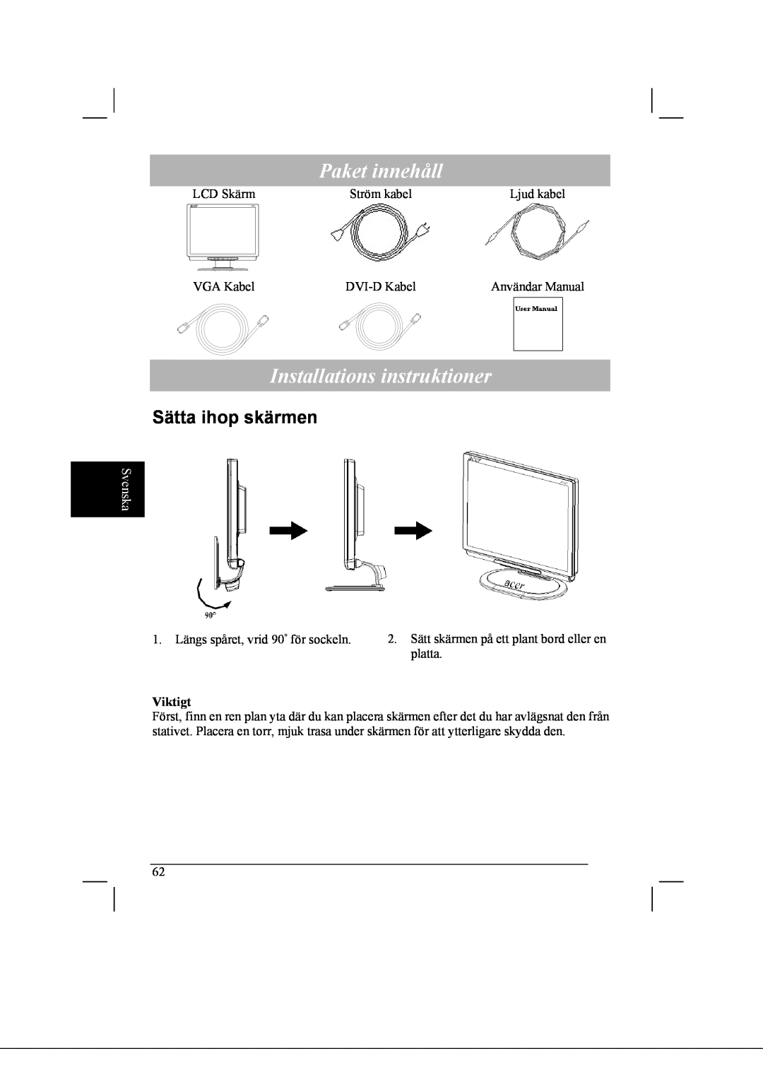 Acer AL2021 manual Paket innehåll, Installations instruktioner, Sätta ihop skärmen, Svenska 