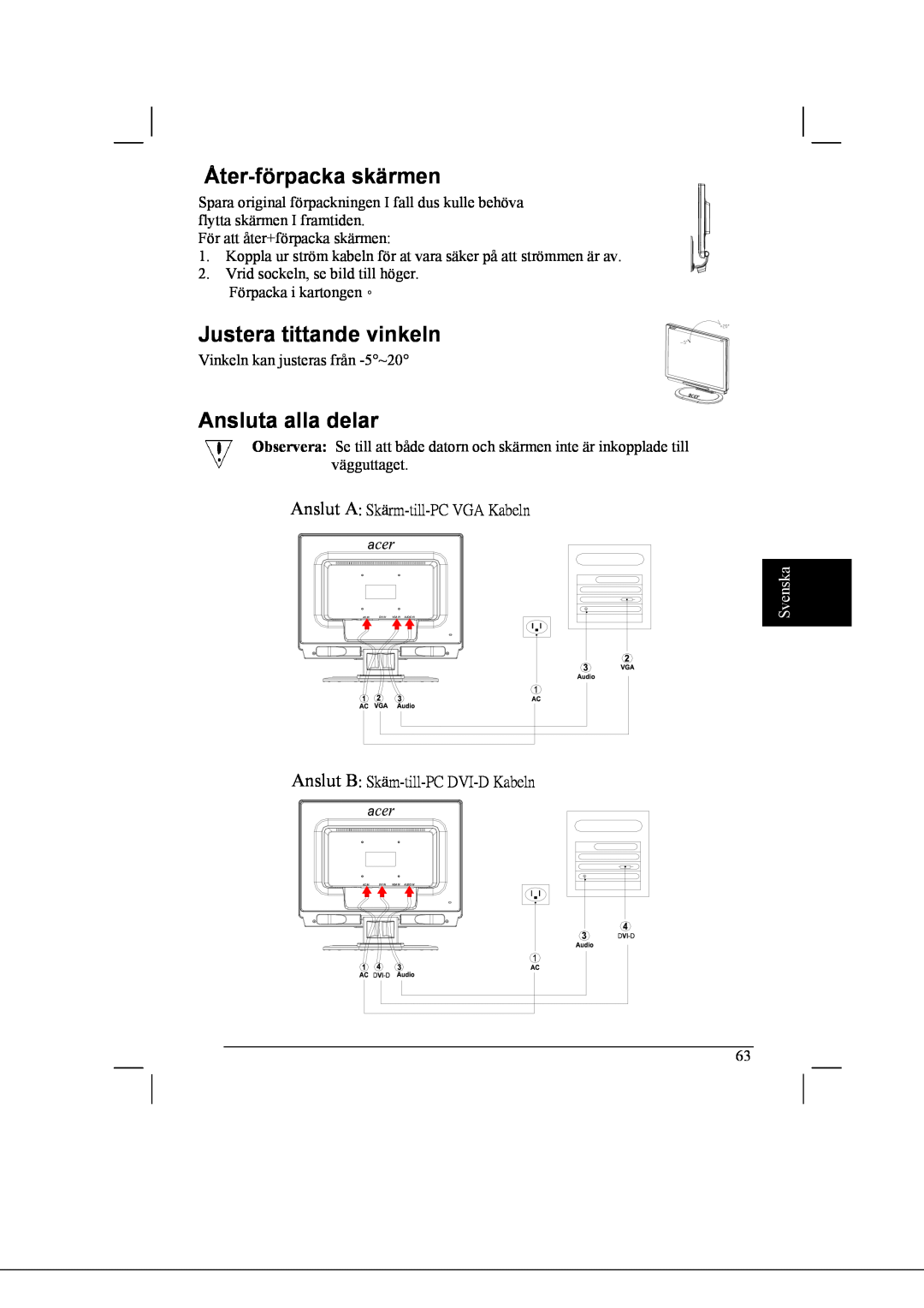 Acer AL2021 manual Åter-förpacka skärmen, Justera tittande vinkeln, Ansluta alla delar, Svenska 
