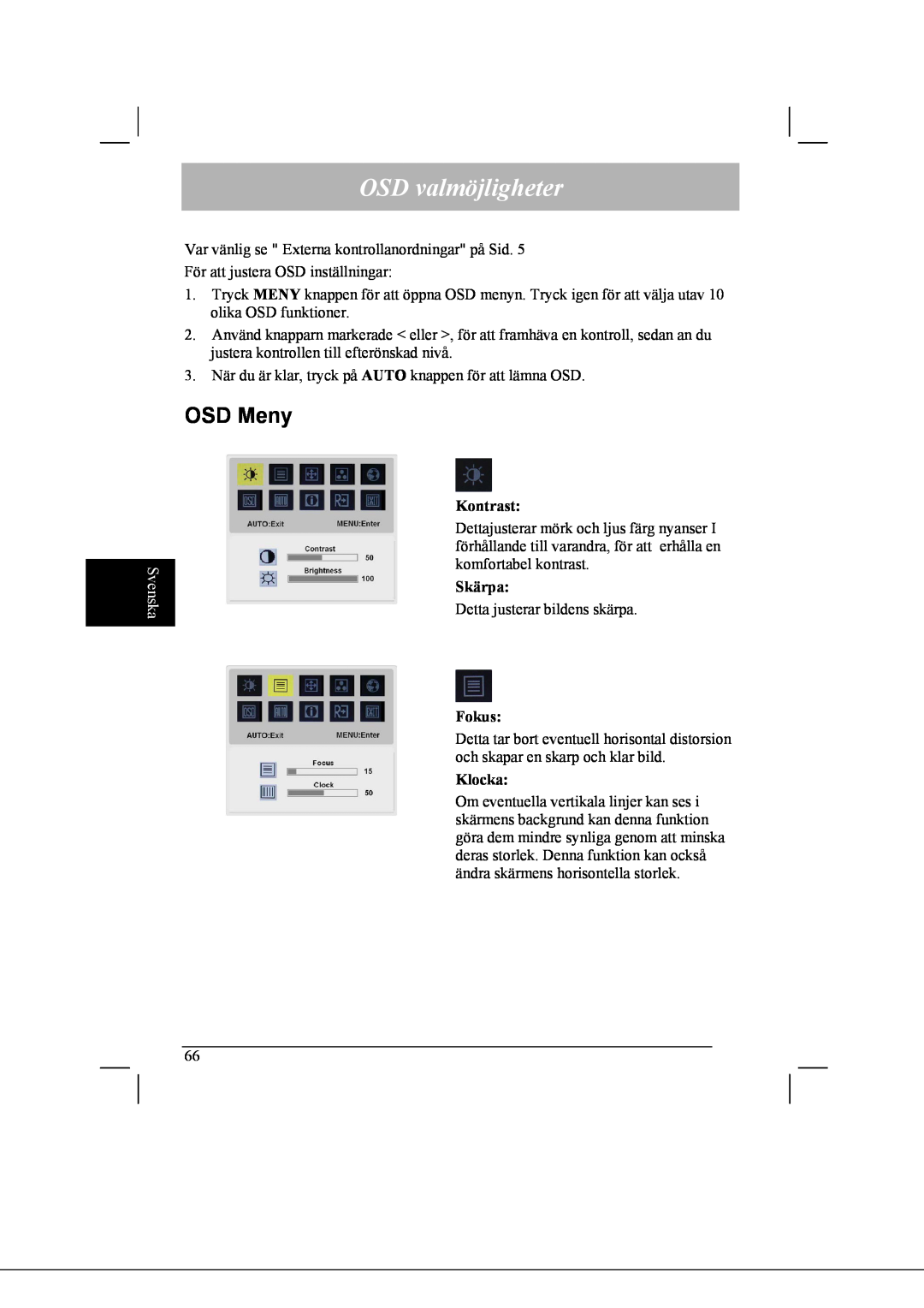 Acer AL2021 manual OSD valmöjligheter, OSD Meny, Svenska 
