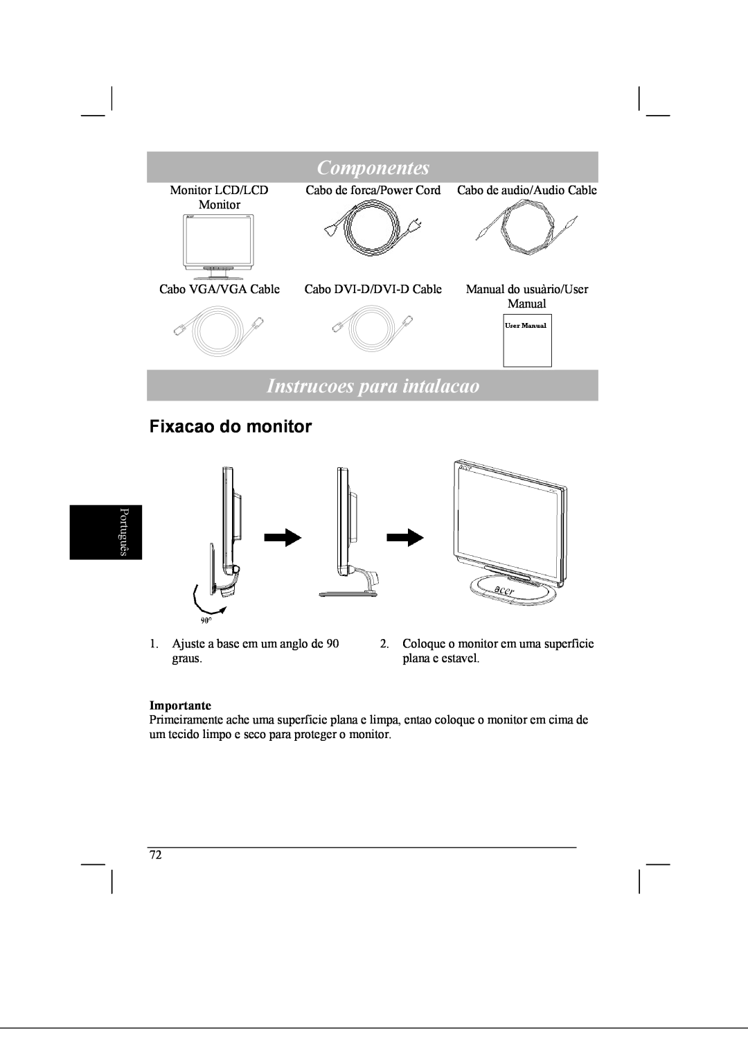 Acer AL2021 manual Componentes, Instrucoes para intalacao, Fixacao do monitor, Português 