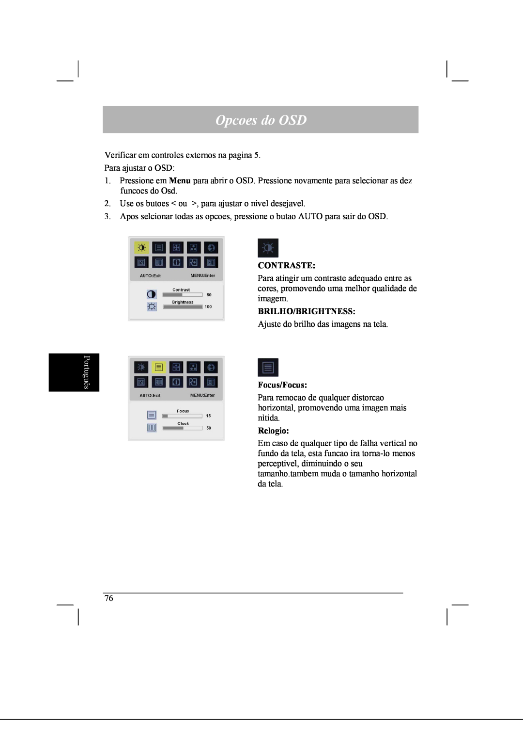 Acer AL2021 manual Opcoes do OSD, Português, Contraste, Brilho/Brightness, Focus/Focus, Relogio 