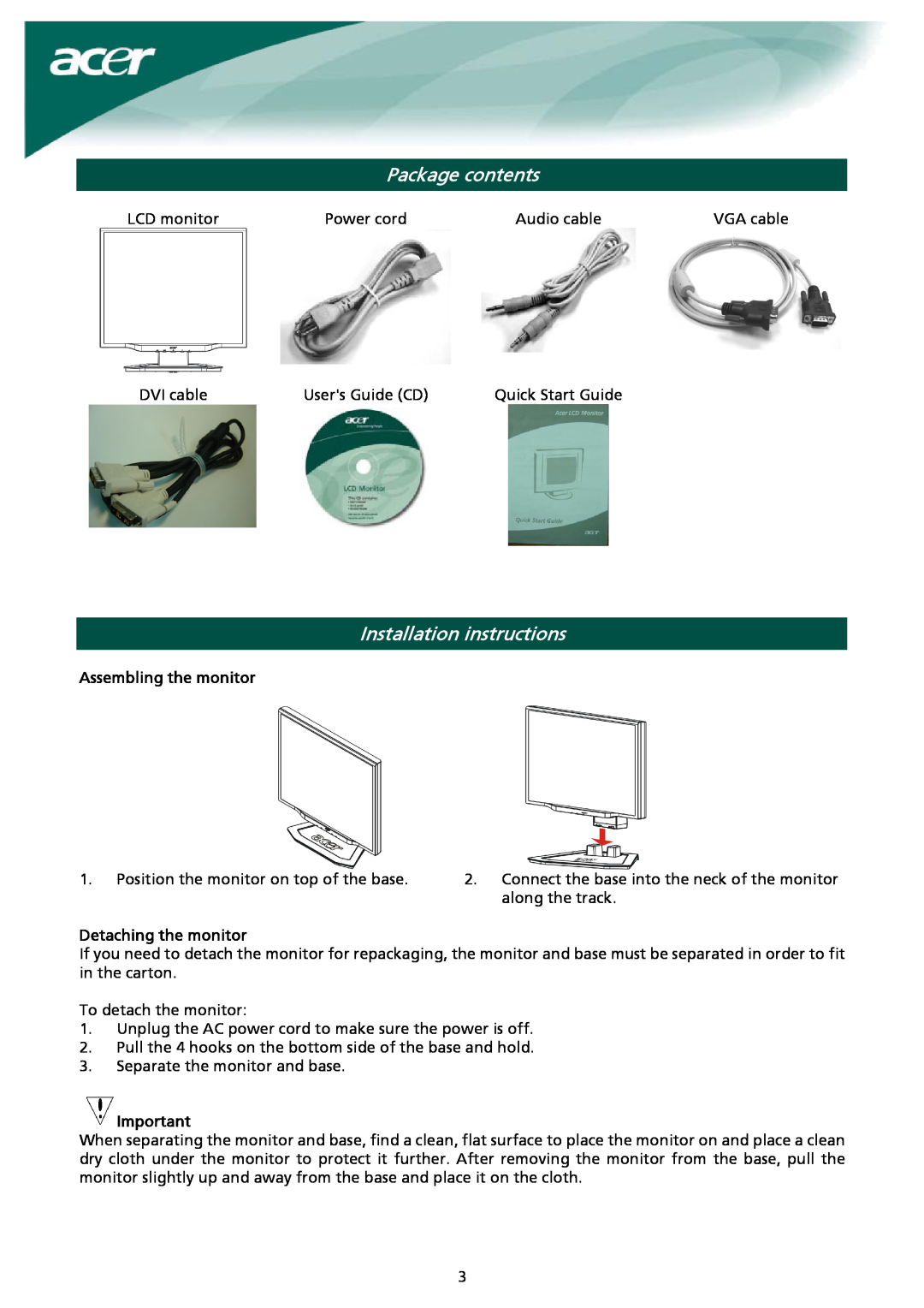 Acer AL2023 Package contents, Installation instructions, Assembling the monitor, Detaching the monitor 