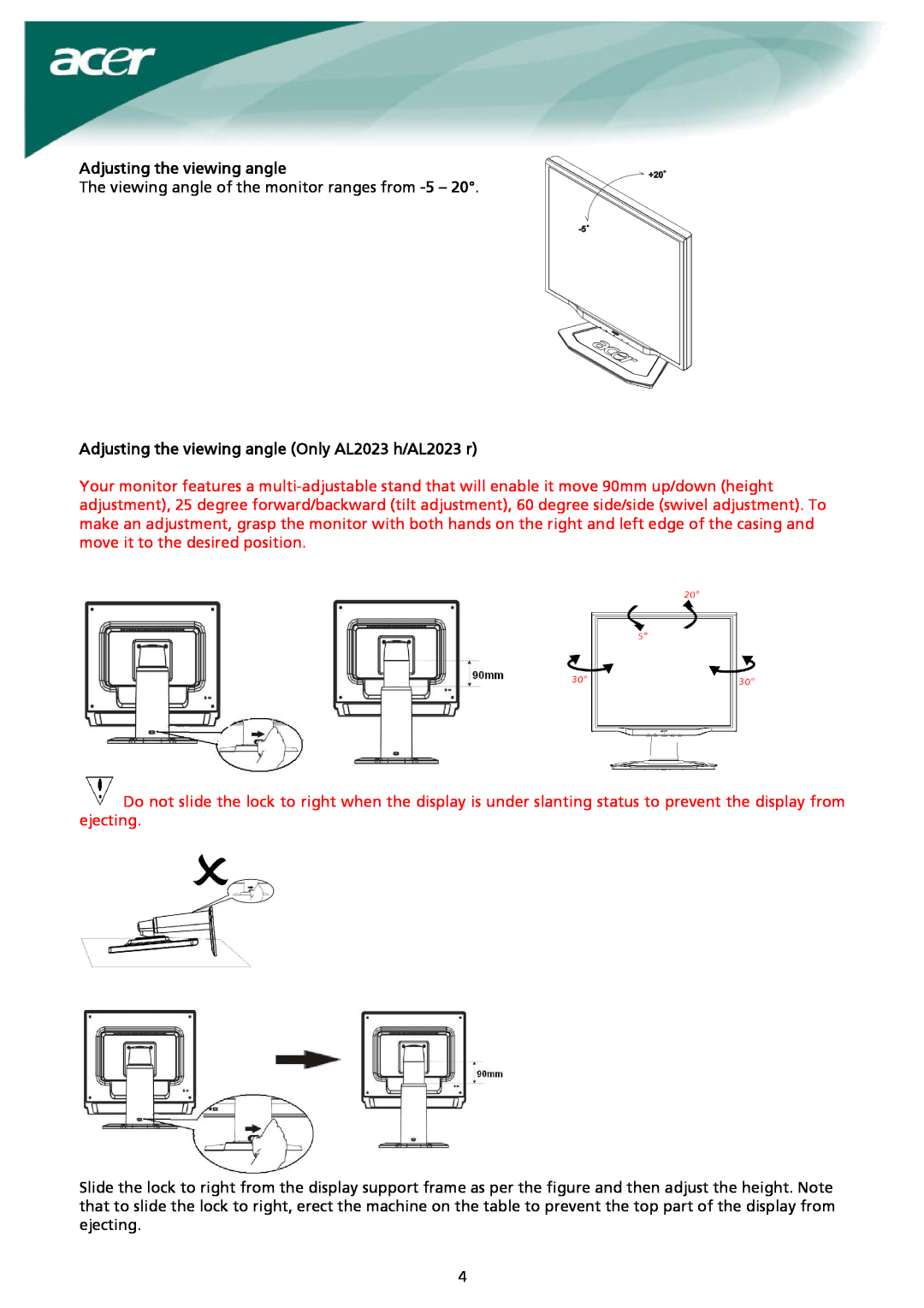 Acer installation instructions Adjusting the viewing angle Only AL2023 h/AL2023 r 