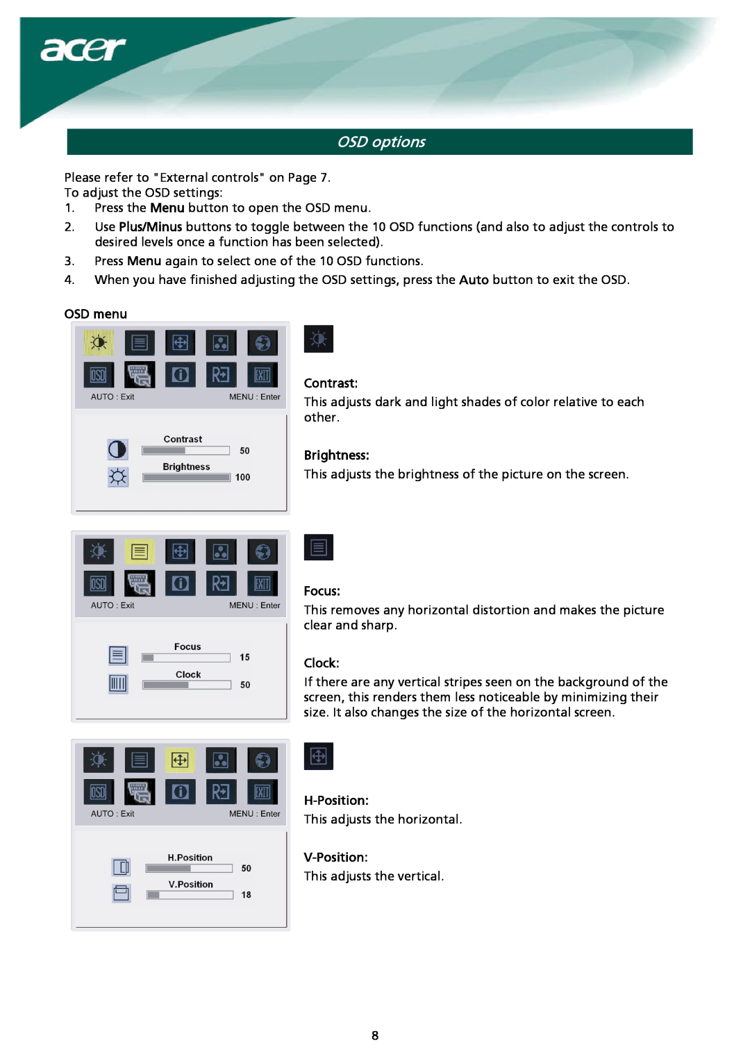 Acer AL2023 installation instructions OSD options, OSD menu Contrast, Brightness, Focus, Clock, H-Position, V-Position 