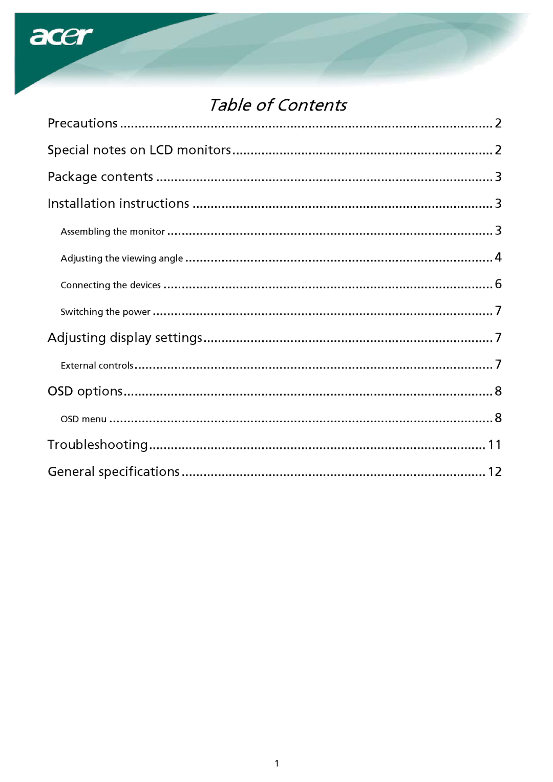 Acer AL2023 installation instructions Table of Contents 