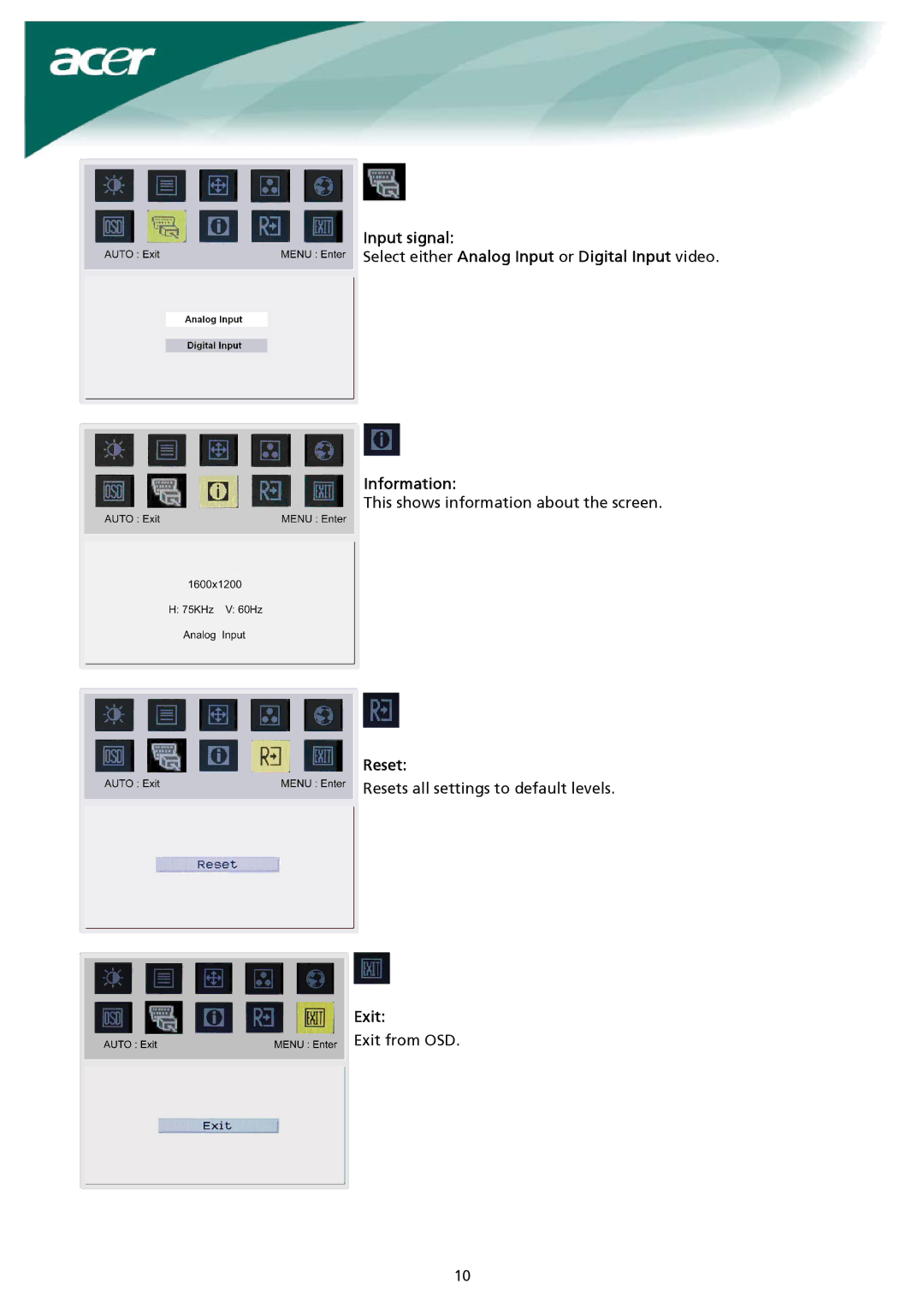 Acer AL2023 installation instructions Reset, Exit 