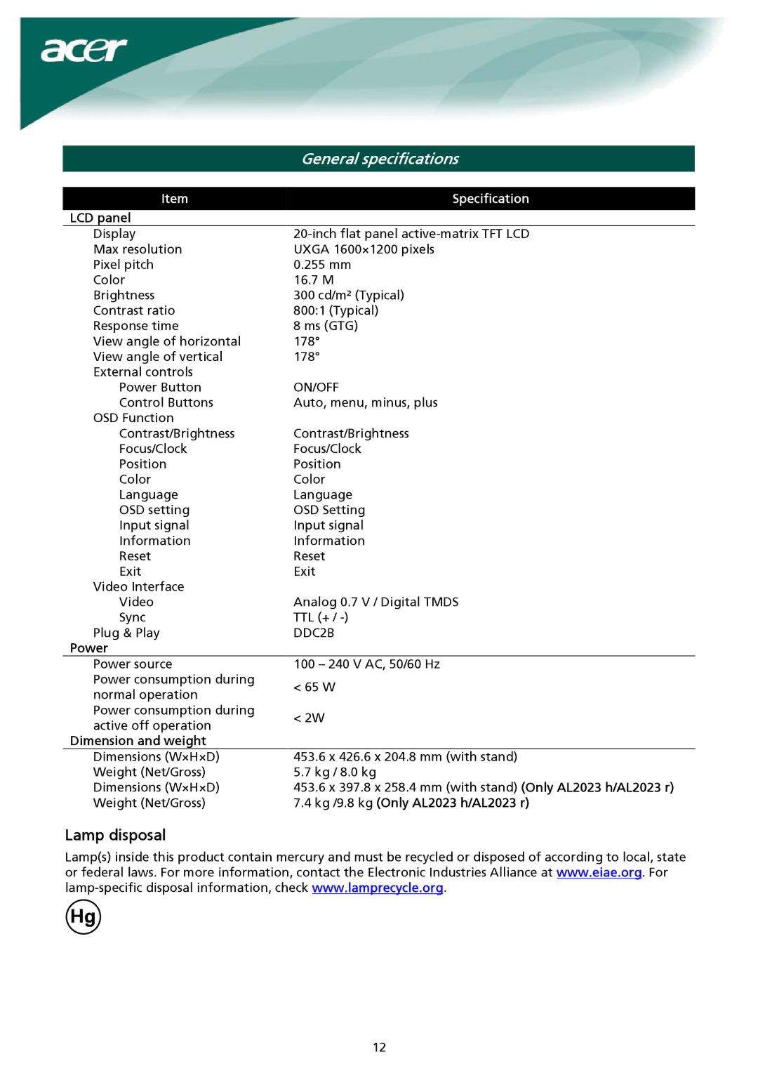 Acer General specifications, LCD panel, Power, Dimension and weight, Kg /9.8 kg Only AL2023 h/AL2023 r 