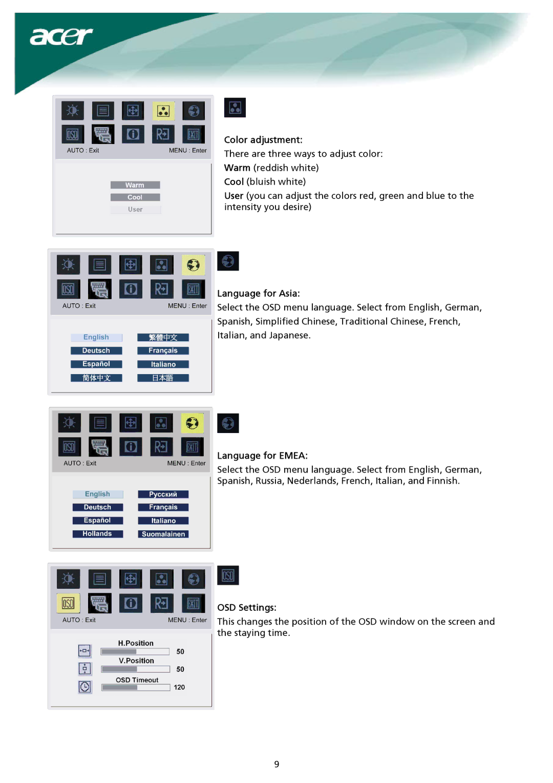 Acer AL2023 installation instructions Color adjustment, Language for Asia, Language for Emea, OSD Settings 