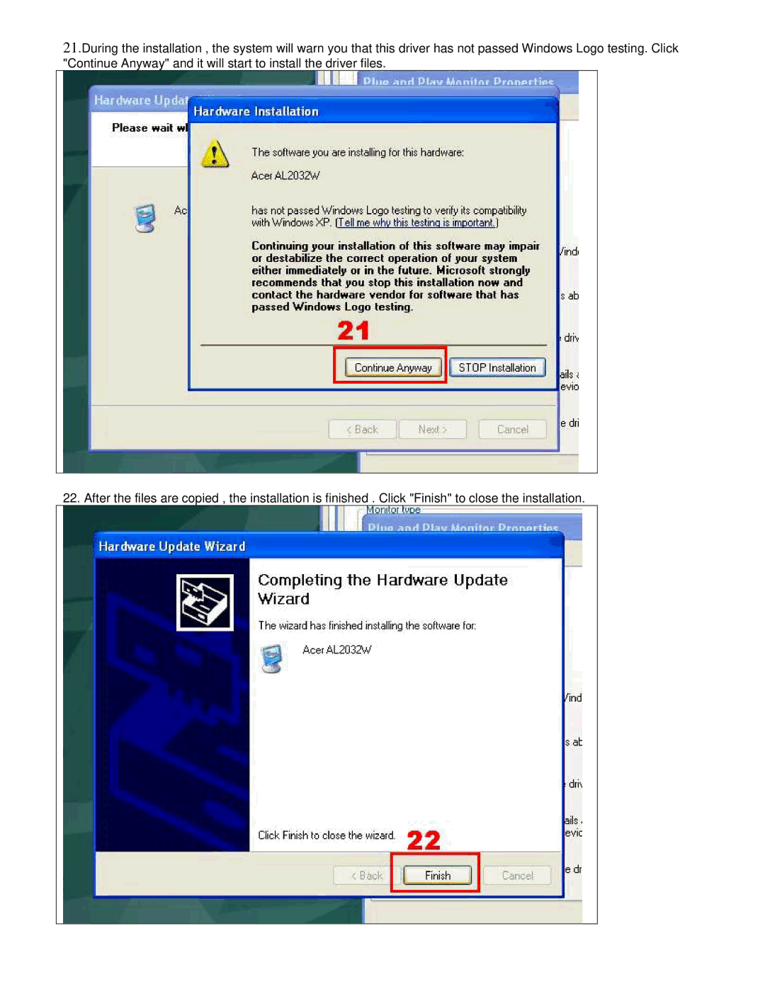 Acer AL2032 installation instructions 